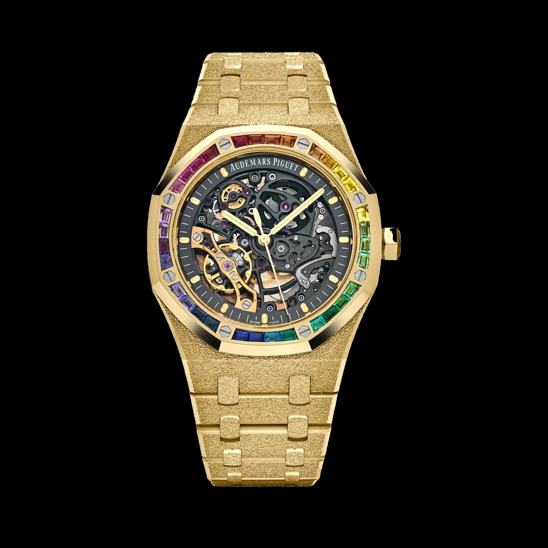 Audemars Piguet Royal Oak 15412BA.YG.1224BA.01 Frosted Yellow Gold Double Balance Wheel Rainbow Bezel