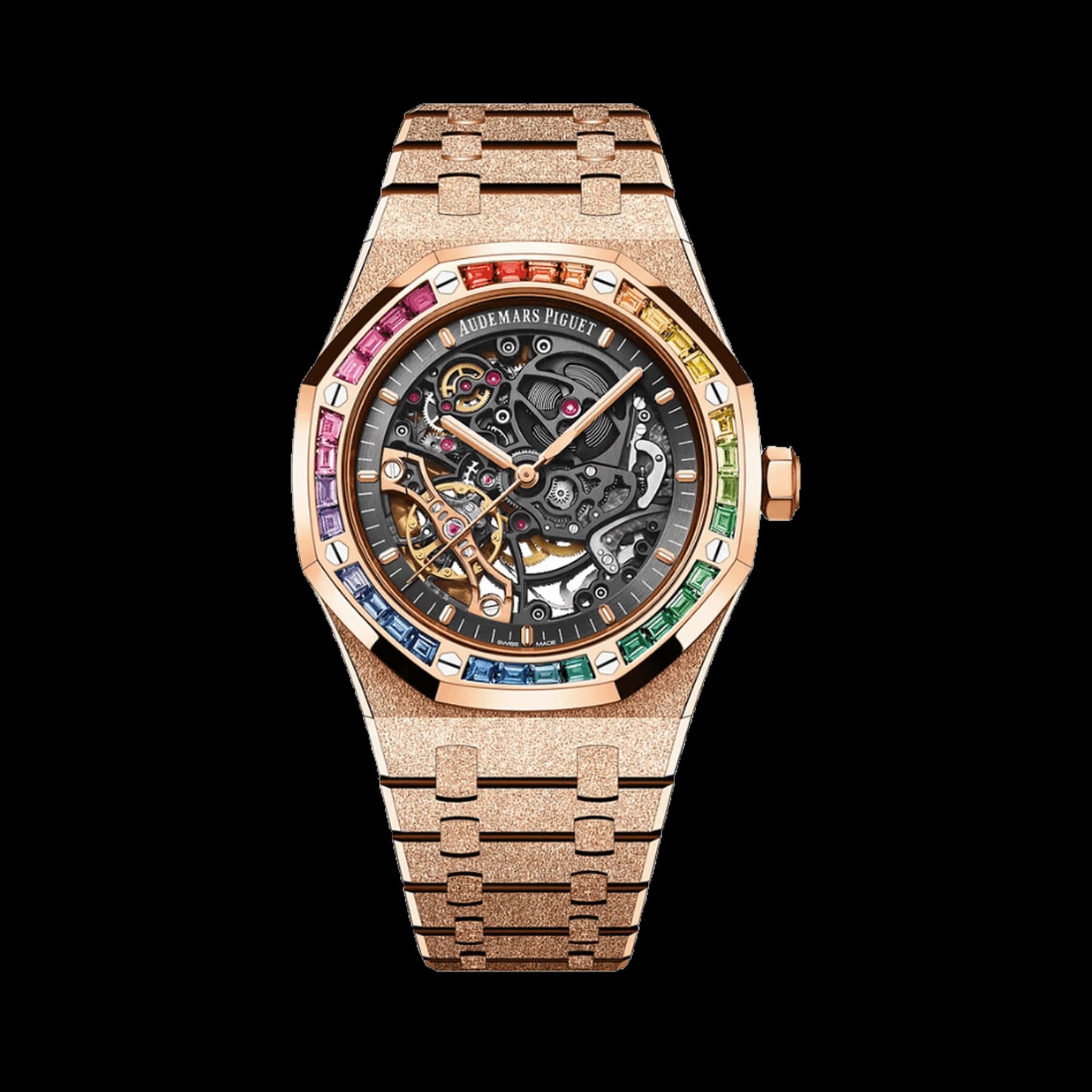 Audemars Piguet Royal Oak 15412OR.YG.1224OR.01-B Double Balance Wheel Frosted Rose Gold Openworked Dial Rainbow Bezel