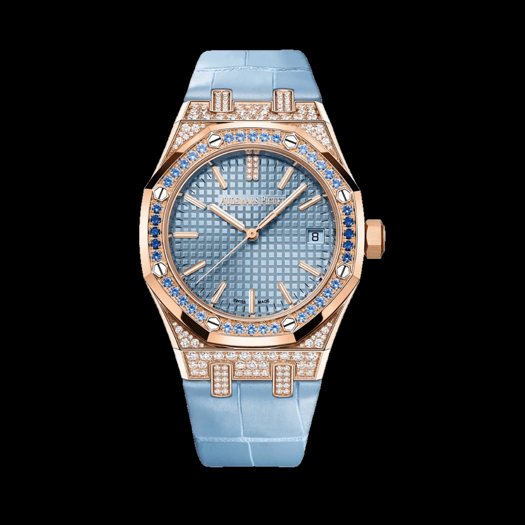 Audemars Piguet Royal Oak 15551OR.ZS.D344CR.01 Diamond and Sapphire Bezel Sapphire and Rose Gold Case Blue Dial