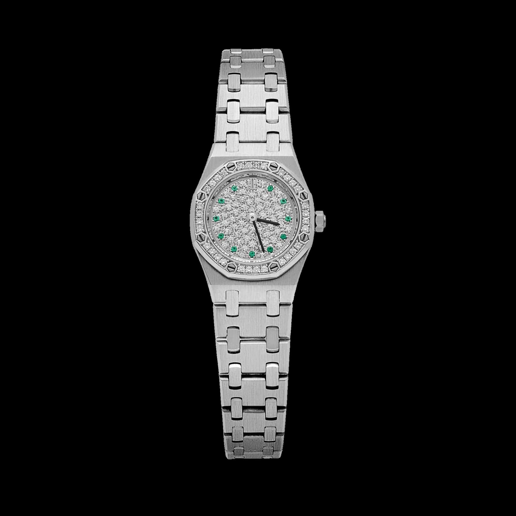 Audemars Piguet Royal Oak 67076BC.Z.1100BC.01 'Ladies' White Gold Diamond Emerald Dial Diamond Bezel Quartz