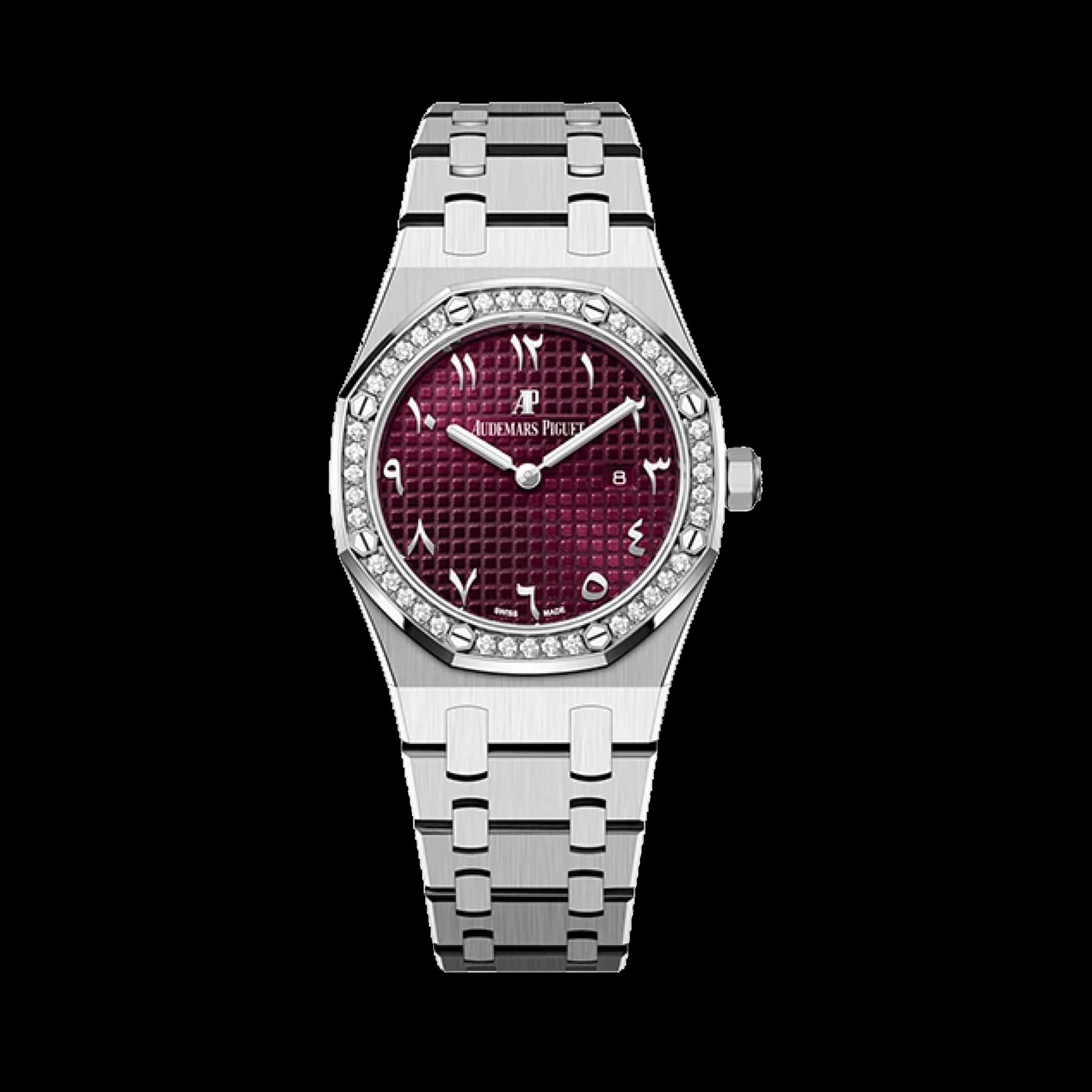 Audemars Piguet Royal Oak Quartz 67651BC.ZZ.1261BC.01 'Ladies' 'Special Edition' White Gold Burgundy Dial Diamond Bezel