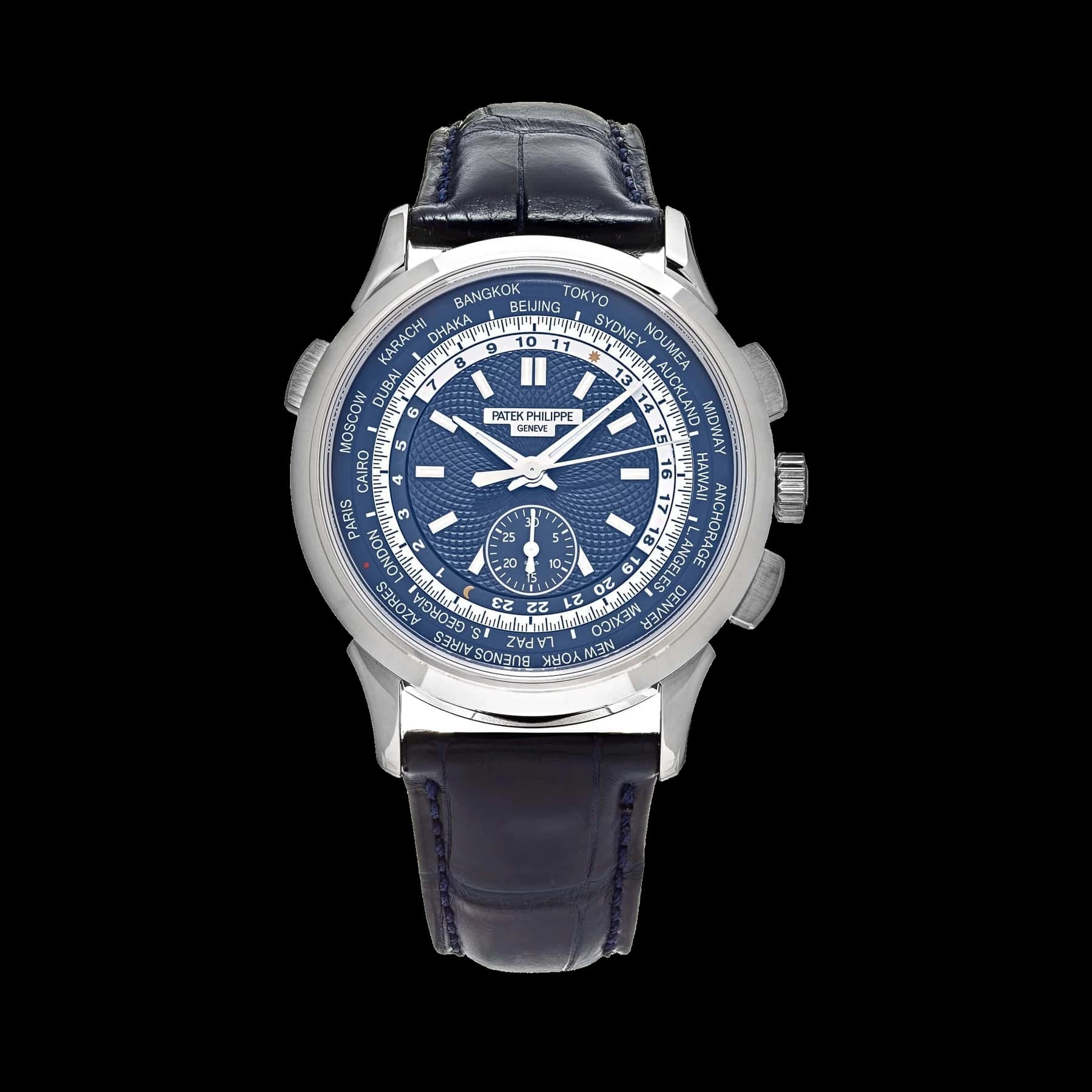 Patek Philippe Complications 5930G-010 World Time Flyback Chronograph White Gold Blue Dial