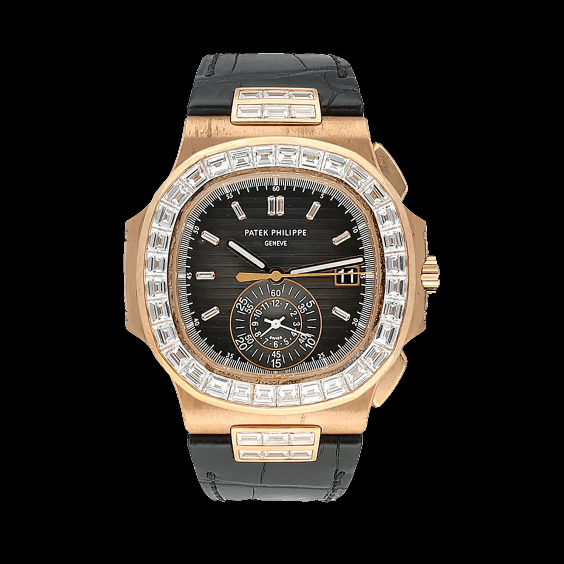 Patek Philippe Nautilus 5980/10R Flyback Chronograph Rose Gold Black Dial Diamond Bezel