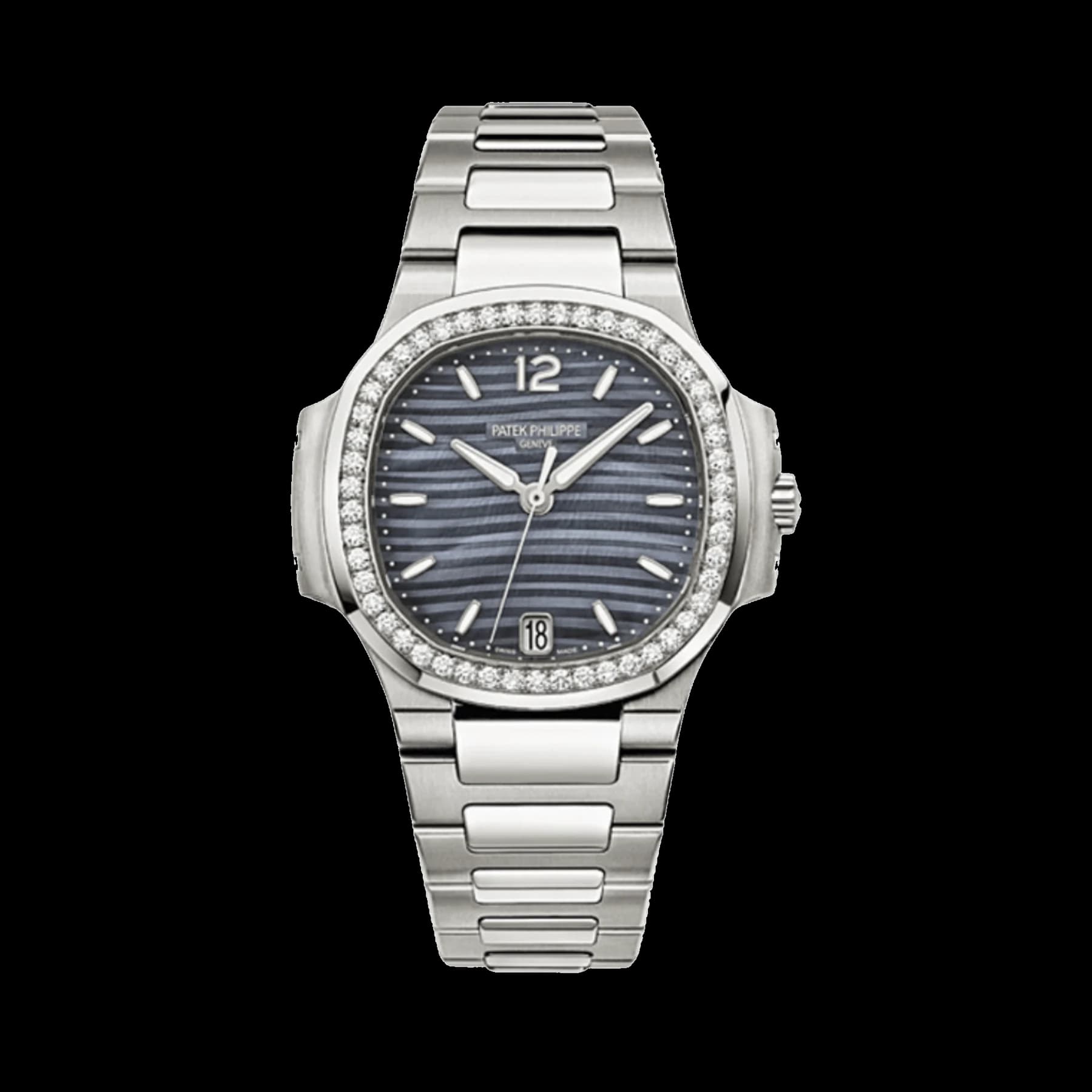 Patek Philippe Nautilus 7018/1A-010 'Ladies' Stainless Steel Blue Mother Of Pearl Dial Diamond Bezel