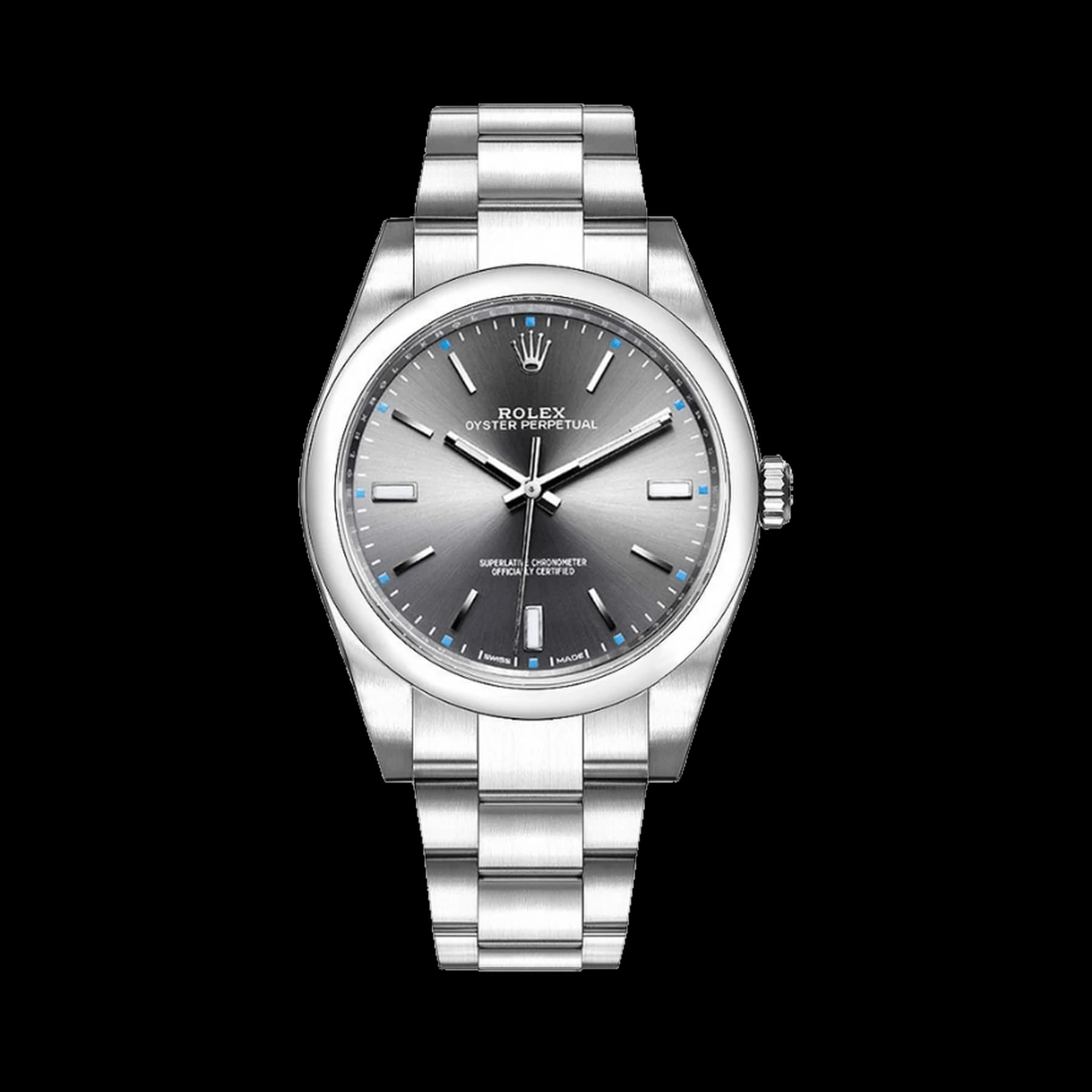 Rolex Oyster Perpetual 39 114300 Stainless Steel Rhodium Slate Grey Stick Dial