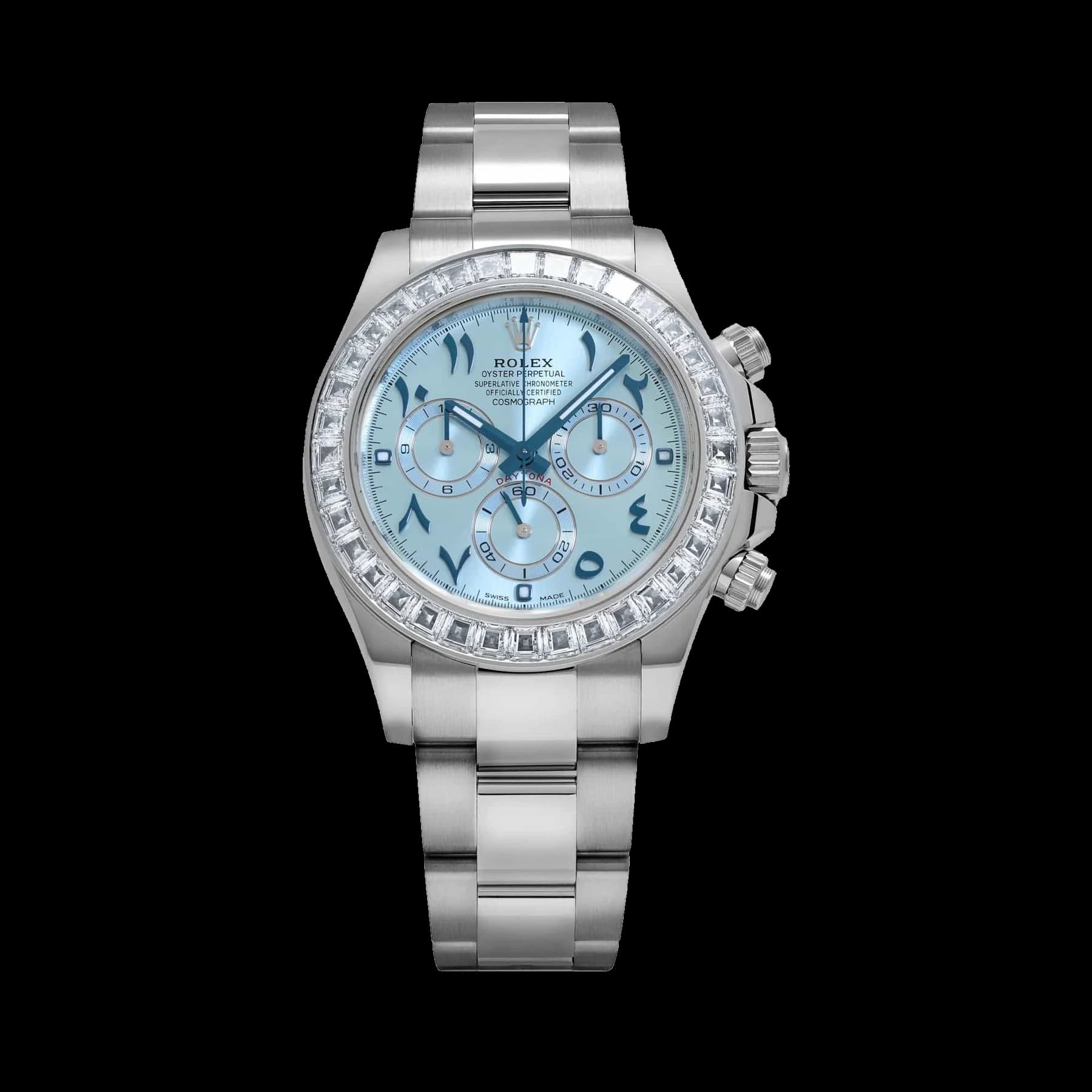 Rolex Daytona 116576TBR Platinum Ice Blue Arabic Dial Diamond Baguette Bezel