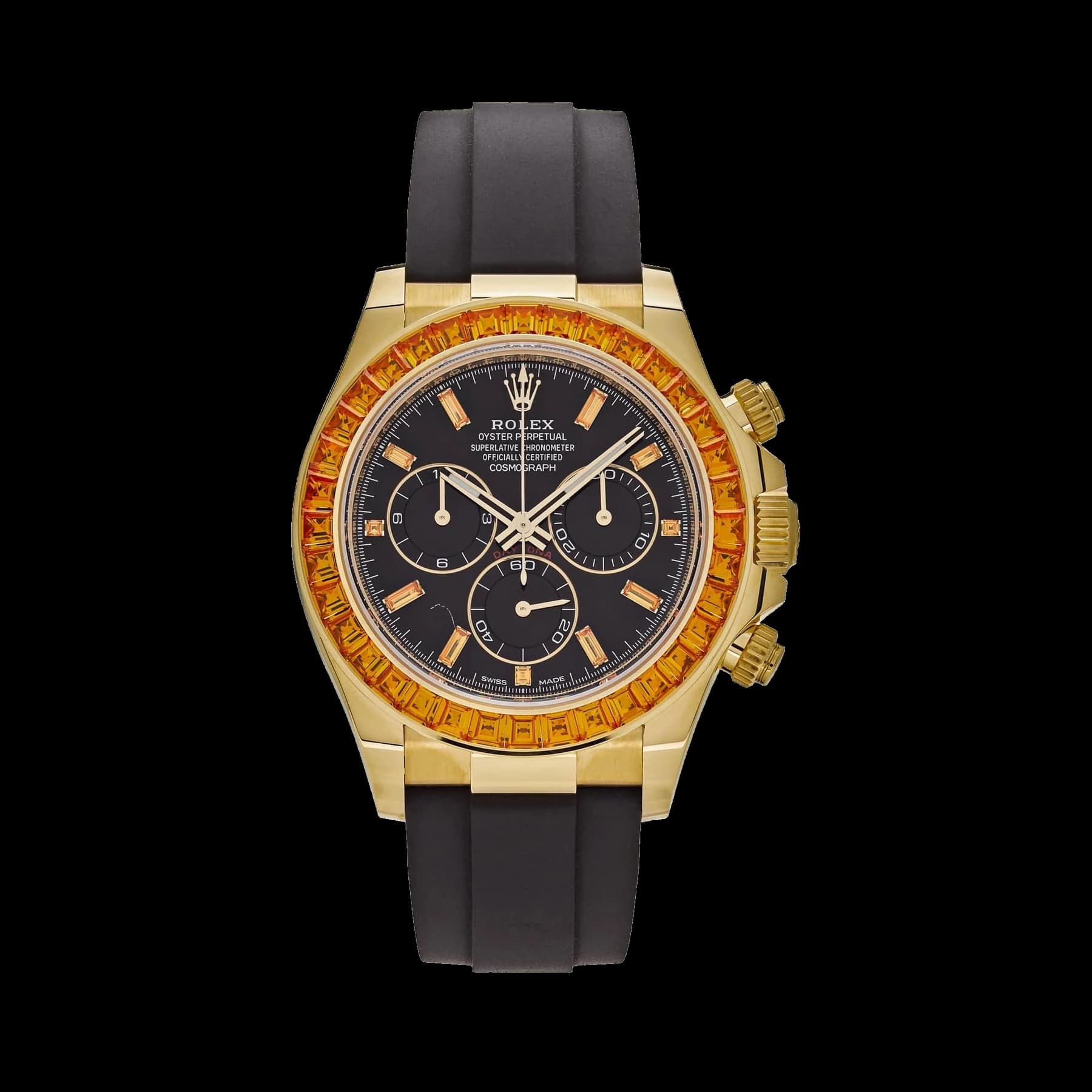 Rolex Daytona 116588SACO Yellow Gold Orange Sapphire Bezel Black Diamond Dial