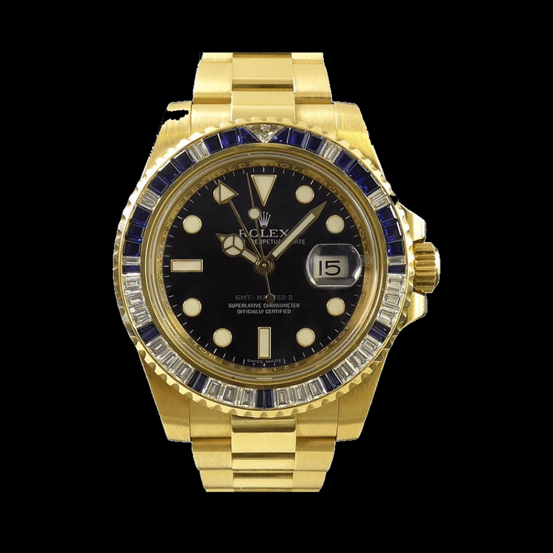 Rolex GMT-Master II 116748SA Yellow Gold Sapphire and Diamond Bezel Black Dial