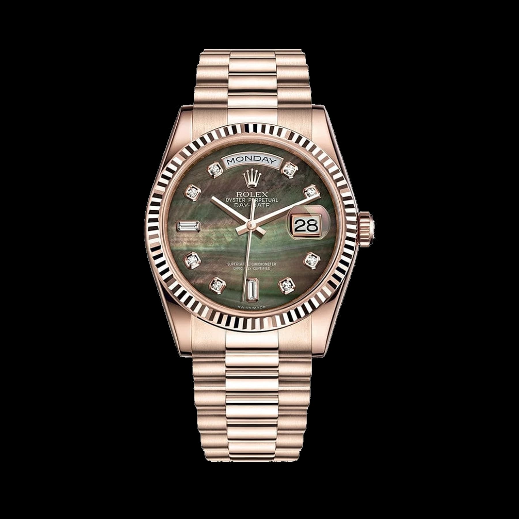 Rolex Day-Date 36 118235F Rose Gold Black Mother of Pearl Diamond Dial