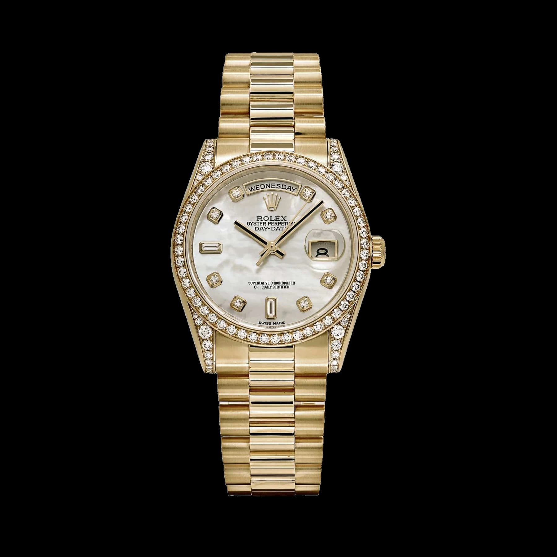 Rolex Day-Date 118388 Yellow Gold White Mother of Pearl Dial Diamond Bezel (2008)