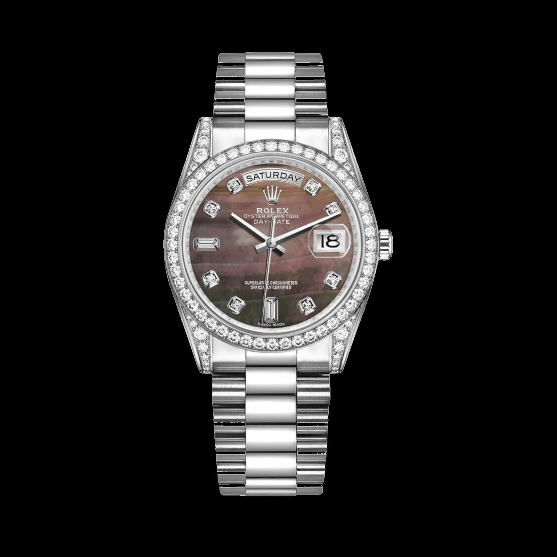 Rolex Day-Date 118389 White Gold Tahitian Mother of Pearl Diamond Dial Diamond Bezel