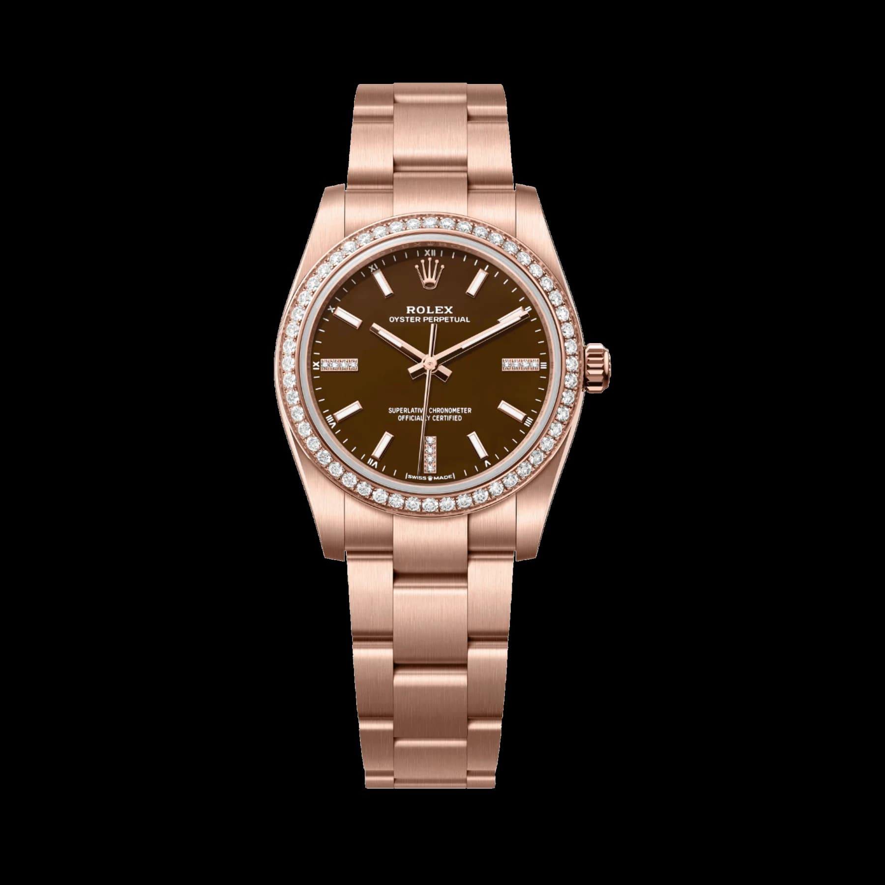 Rolex Oyster Perpetual 34 'Ladies' 124245RBR Rose Gold Brown Stone Diamond Dial Diamond Bezel (2026)