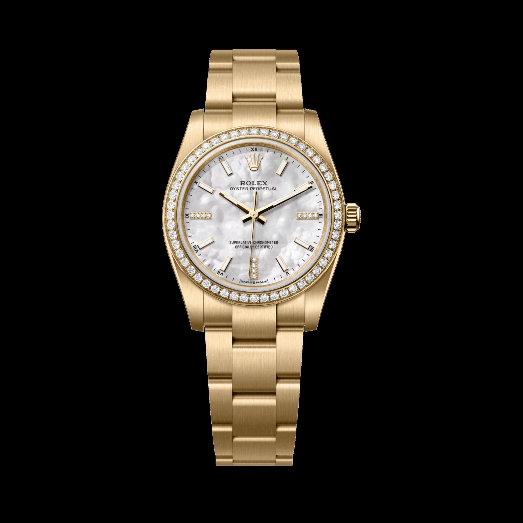Rolex Oyster Perpetual 34 'Ladies' 124248RBR Yellow Gold Mother Of Pearl Diamond Dial Diamond Bezel (2026)