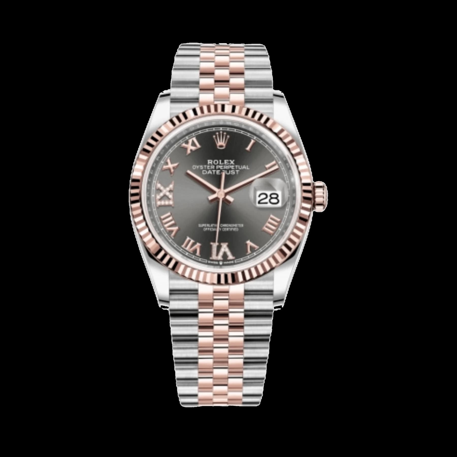 Rolex Datejust 36 126231 Rose Gold Stainless Steel Dark Rhodium Roman Numerals Diamond Dial Jubilee (2020)