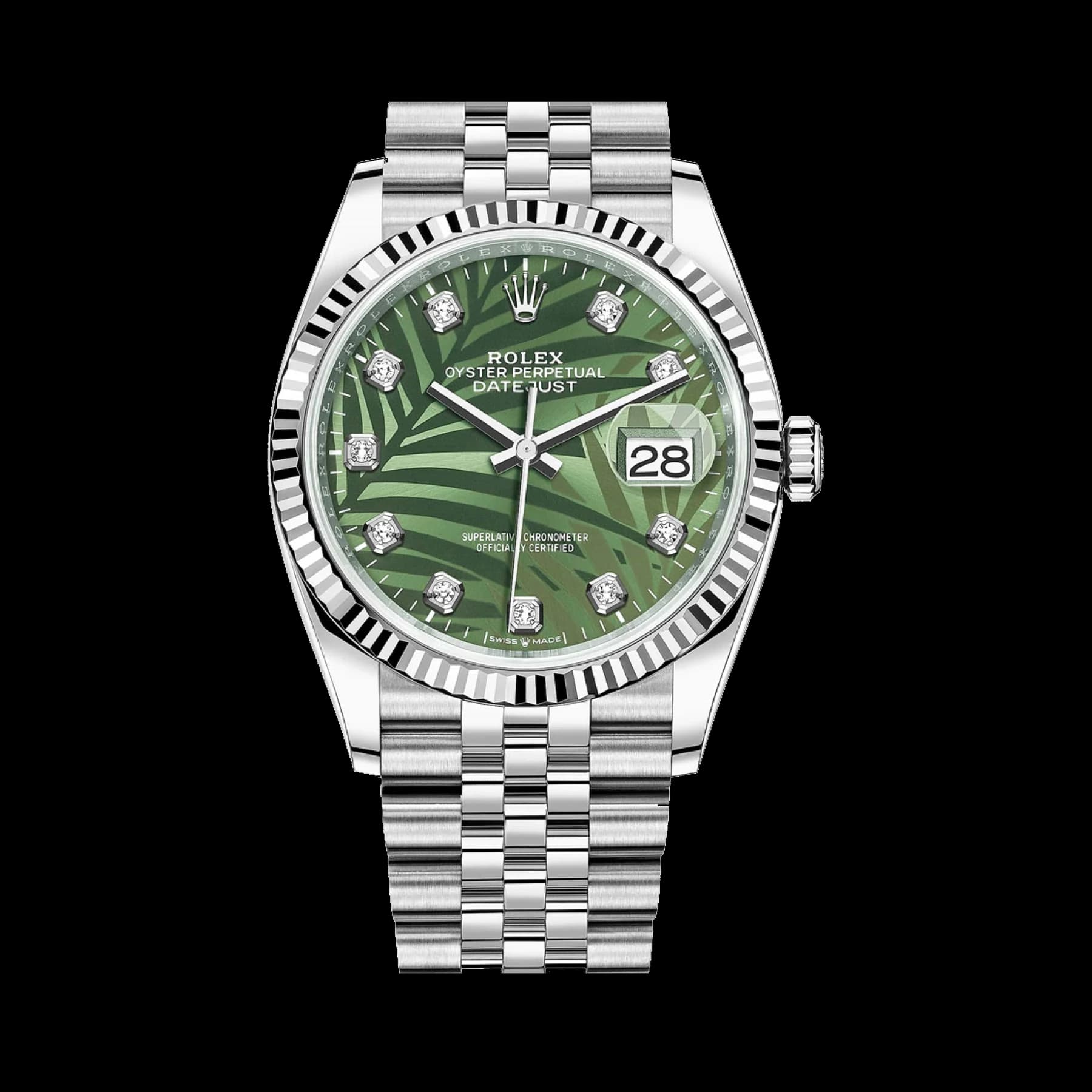 Rolex Datejust 36 126234 White Gold Stainless Steel Palm Motif Diamond Dial Jubilee