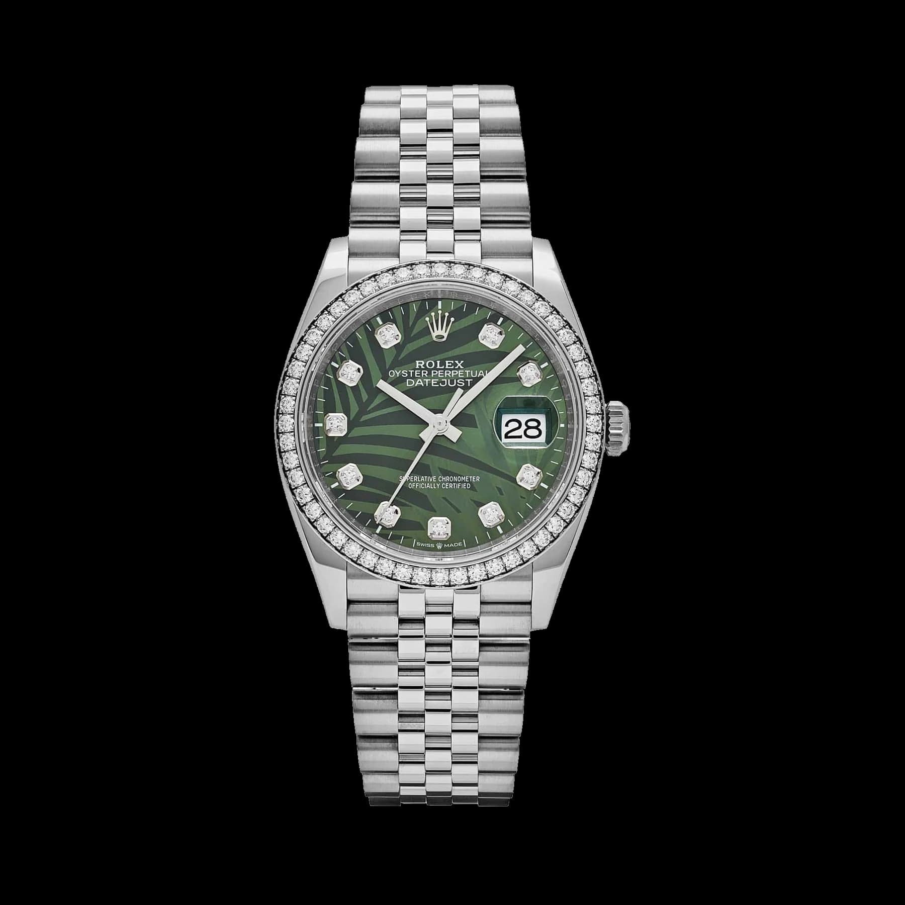 Rolex Datejust 36 126284RBR Stainless Steel Green Palm Frond Diamond Dial Diamond Bezel