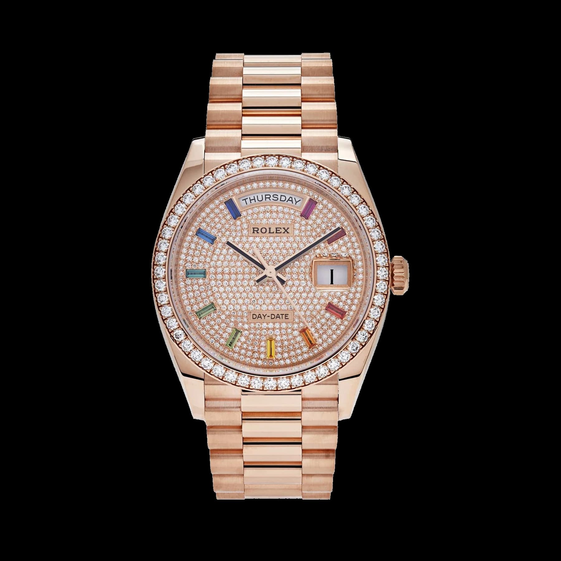 Rolex Day-Date 36 128345RBR Rose Gold Rainbow Diamond Pave Dial Diamond Bezel (2025)