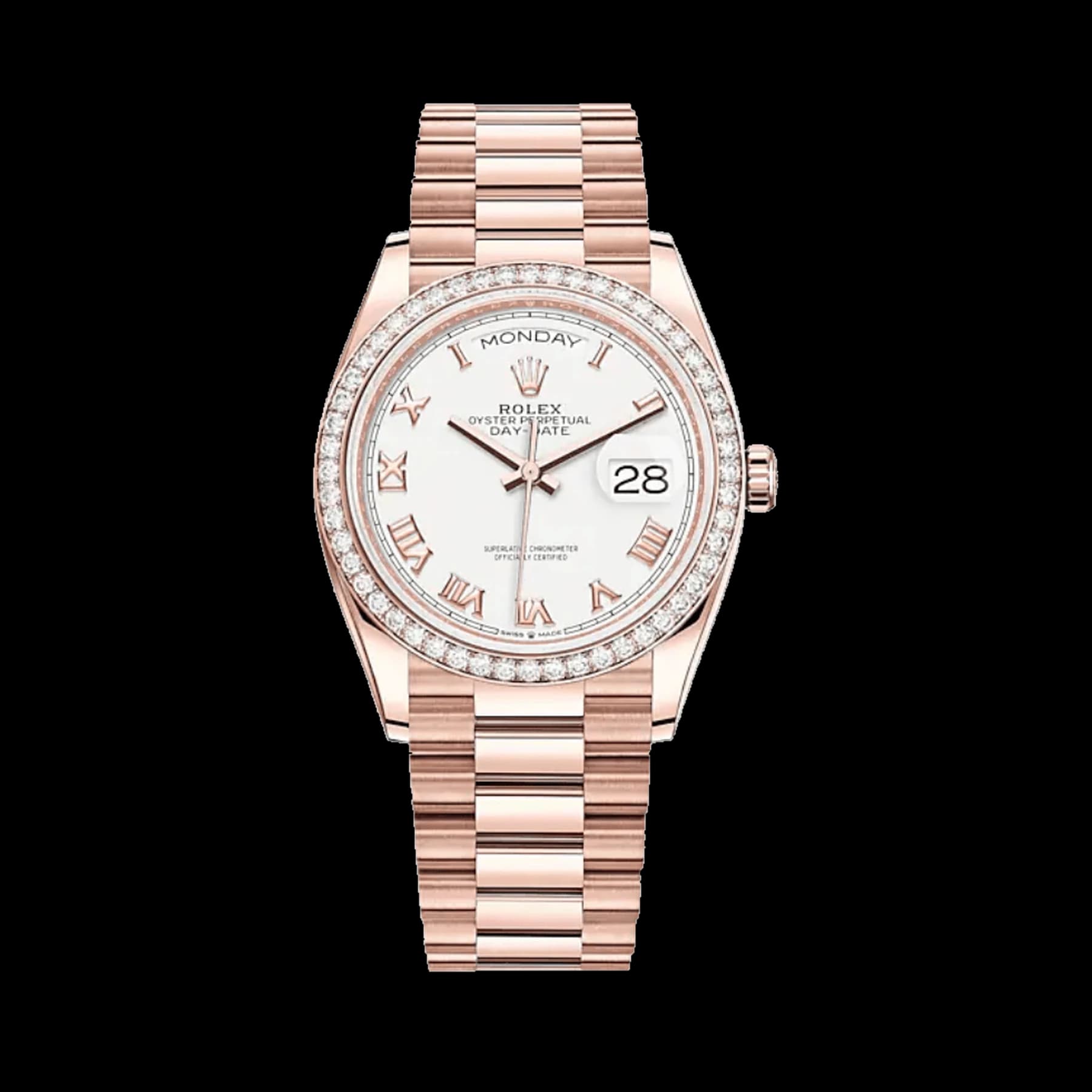 Rolex Day-Date 36 128345RBR Rose Gold Diamond Bezel White Dial