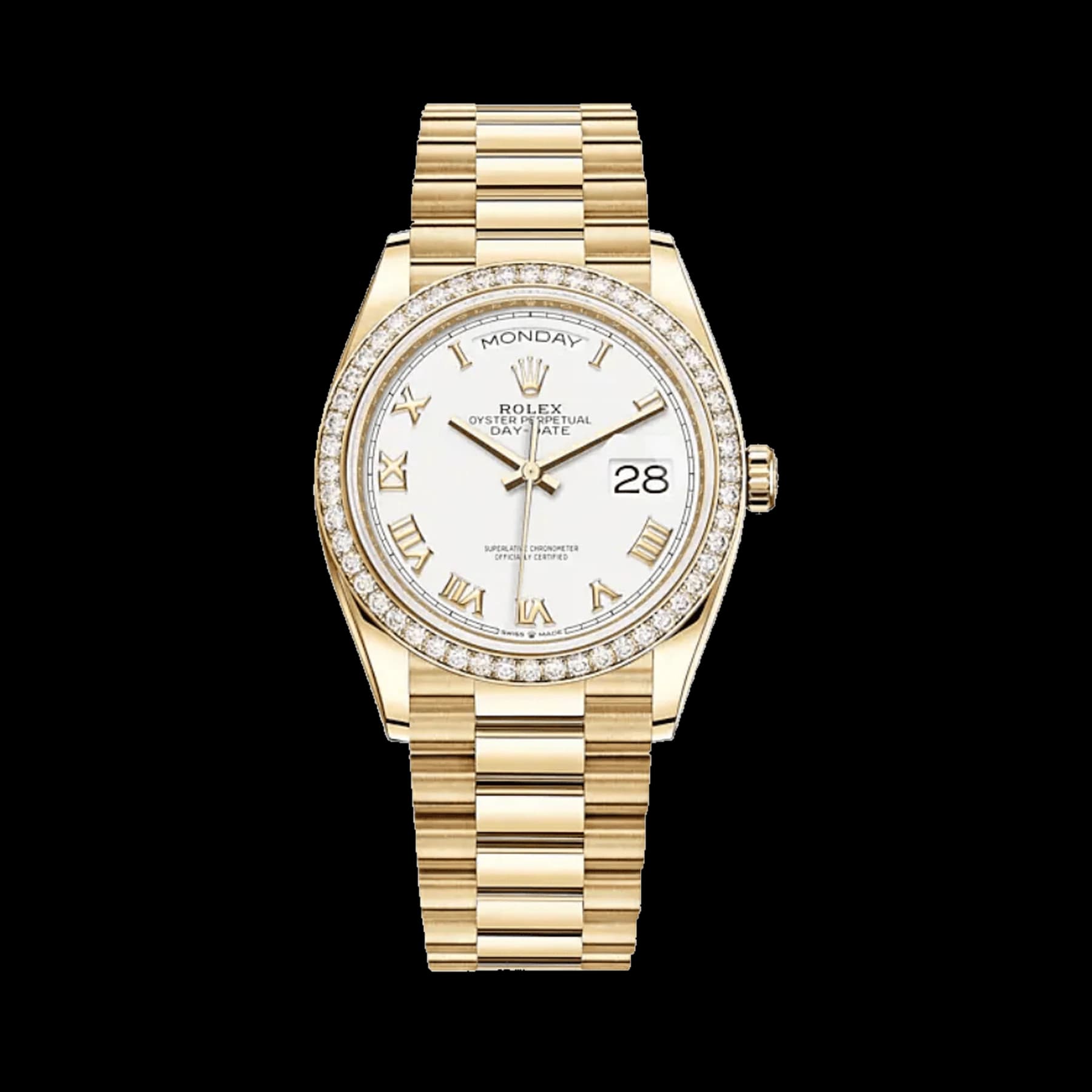 Rolex Day-Date 36 128348RBR Yellow Gold Diamond Bezel White Dial