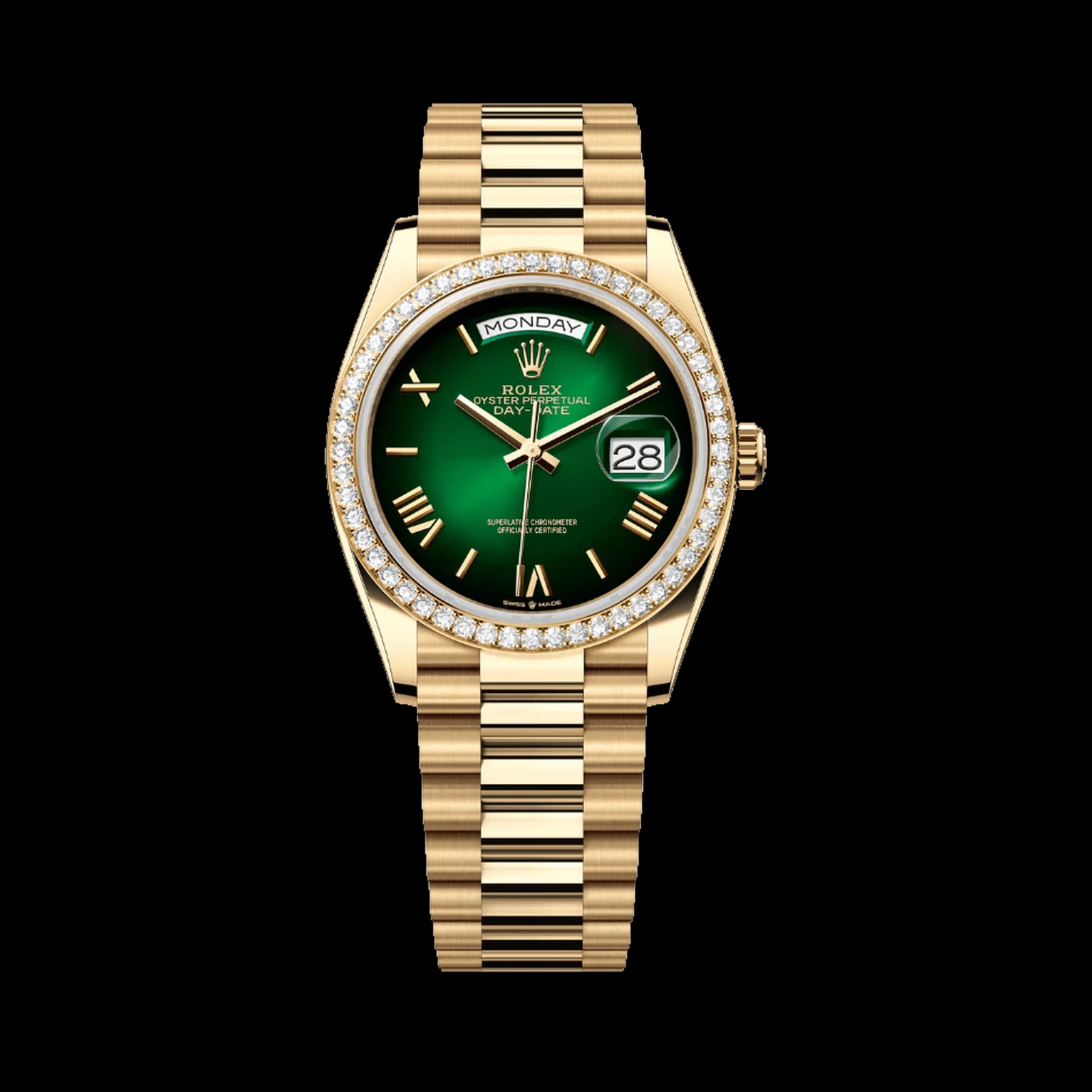 Rolex Day-Date 36 128348RBR Yellow Gold Green Ombre Roman Numeral Dial Diamond Bezel