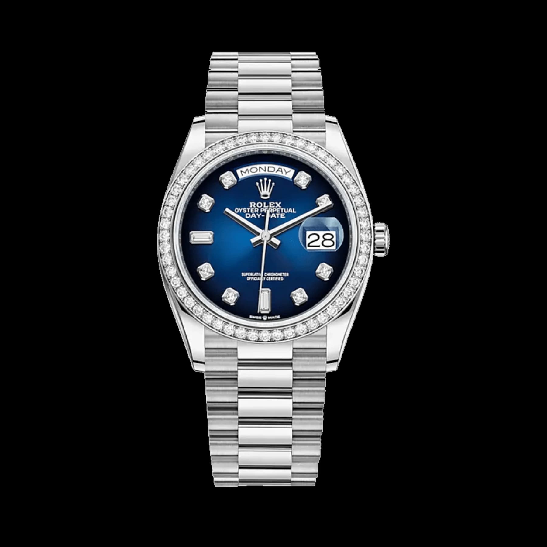 Rolex Day-Date 36 128349RBR White Gold Blue Dial Diamond Bezel