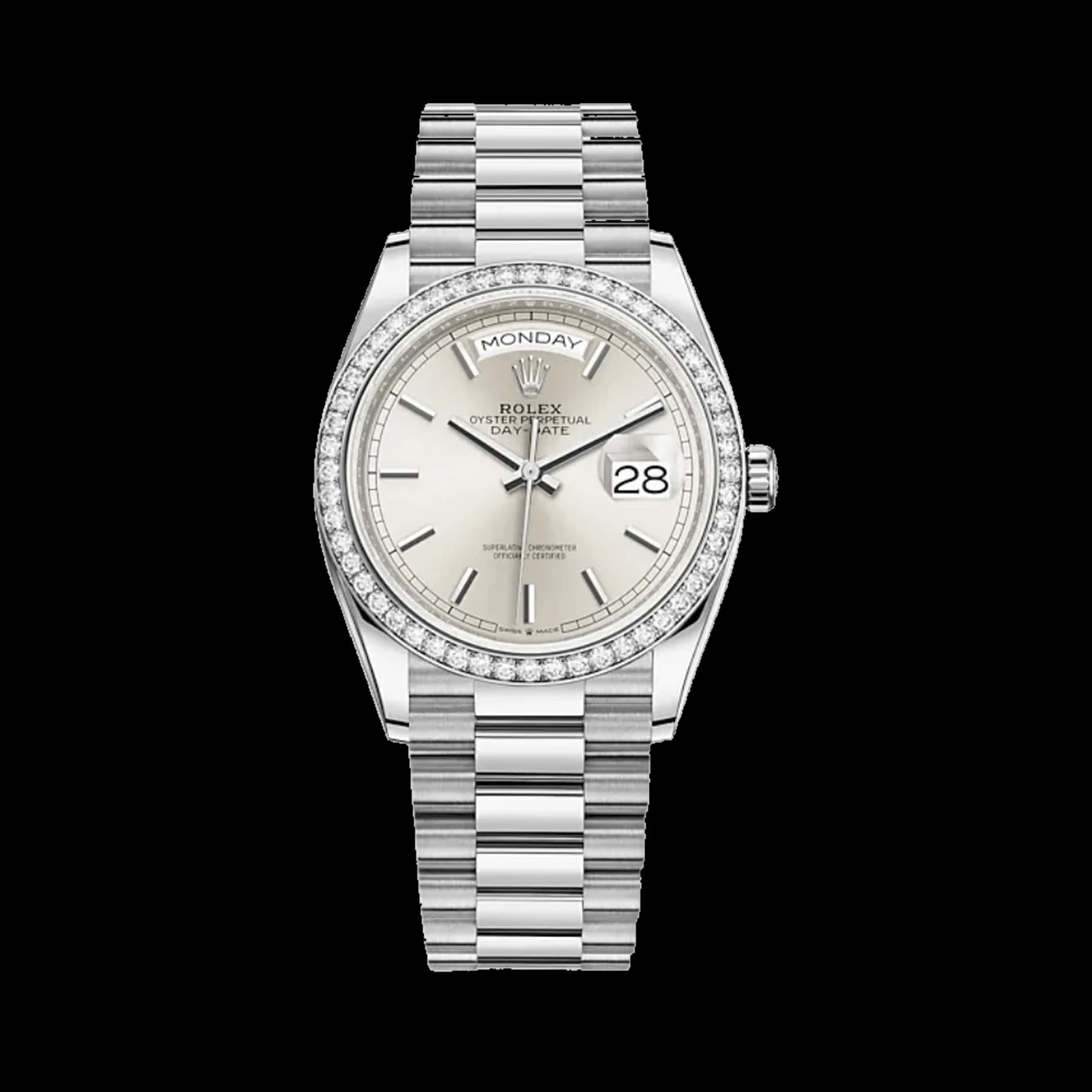 Rolex Day-Date 36 128349RBR White Gold Diamond Bezel Silver Dial