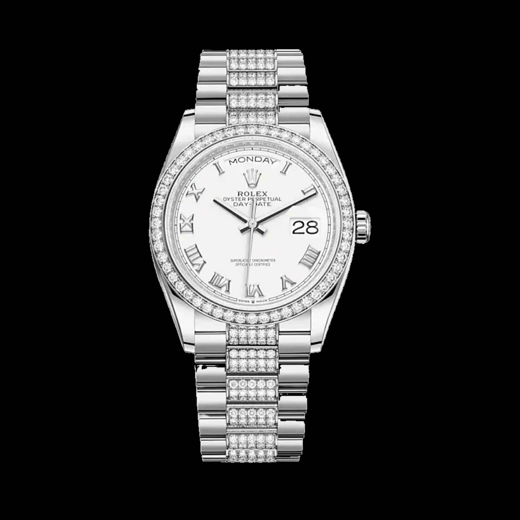Rolex Day-Date 36 128349RBR White Gold Diamond Bezel White Dial