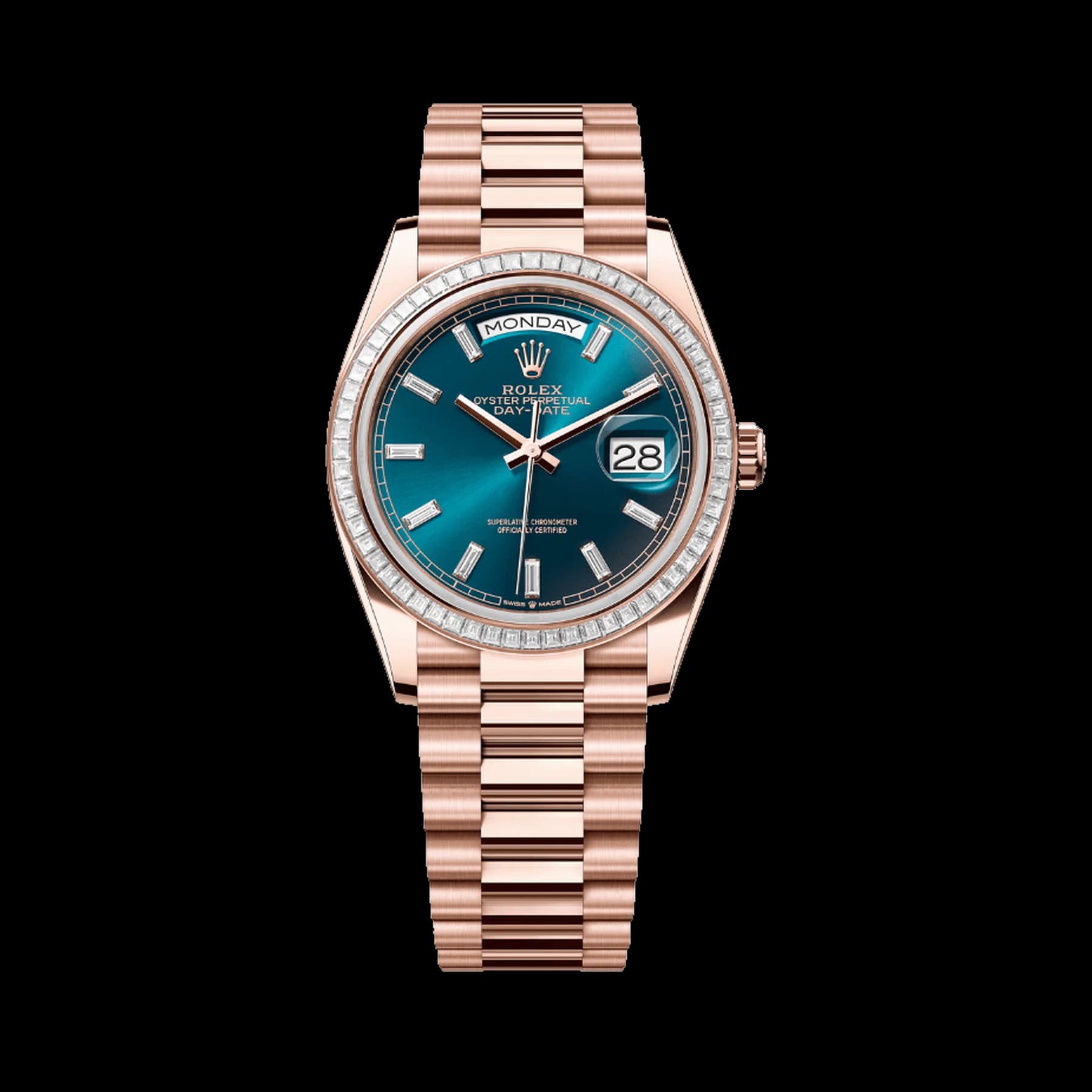 Rolex Day-Date 36 128395TBR Rose Gold Baguette Diamond Bezel Blue-Green Dial