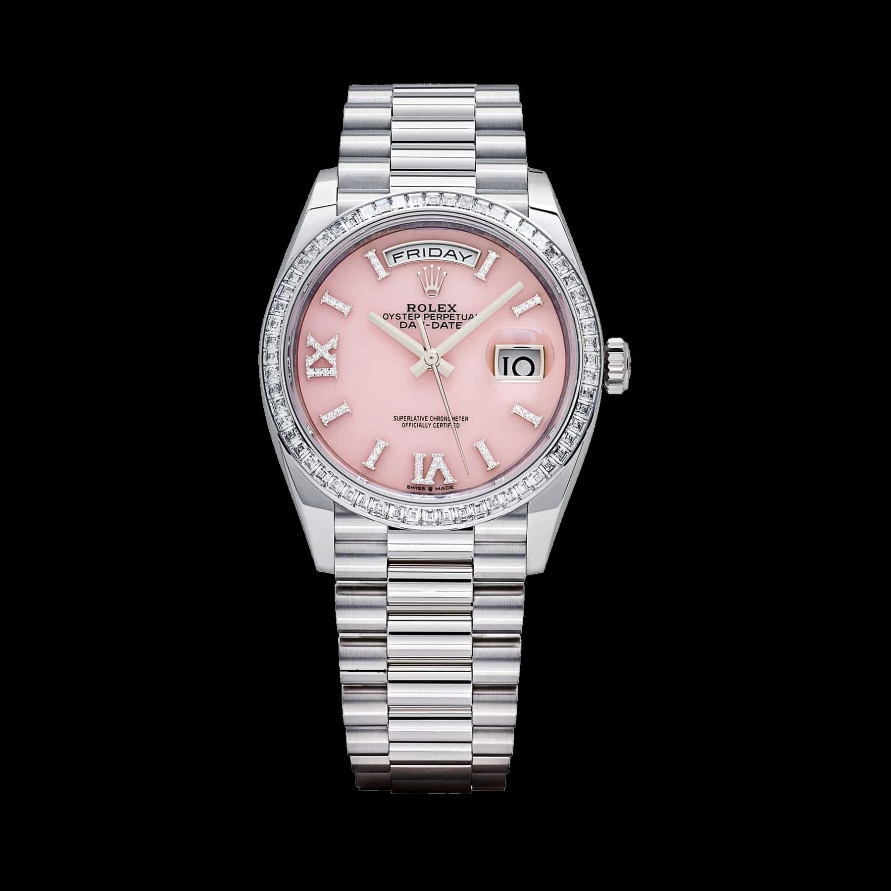 Rolex Day-Date 36 128396TBR Platinum Pink Opal Diamond Roman Numerals Dial Diamond Bezel