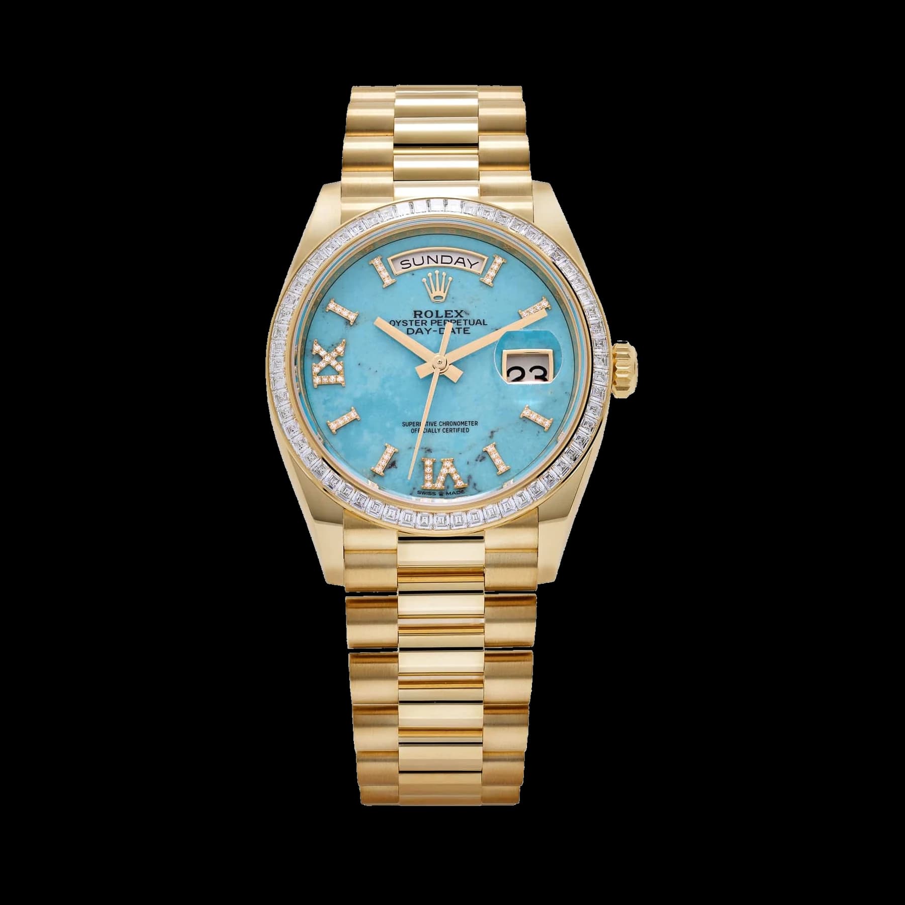 Rolex Day-Date 36 128398TBR Yellow Gold Turquoise Stone Diamond Roman Numerals Dial Diamond Bezel