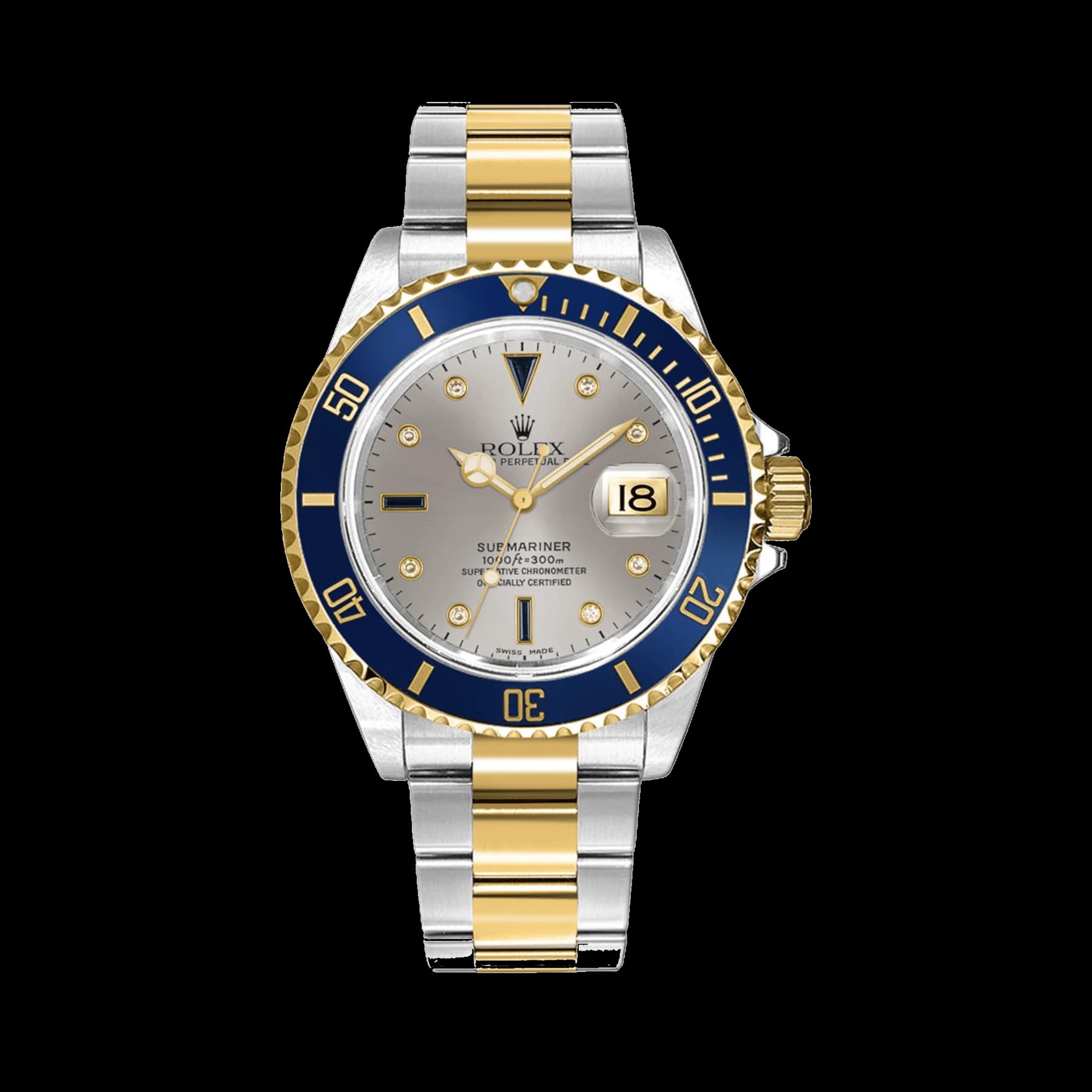 Rolex Submariner 16613 Stainless Steel Yellow Gold Serti Slate Diamond Sapphire Dial