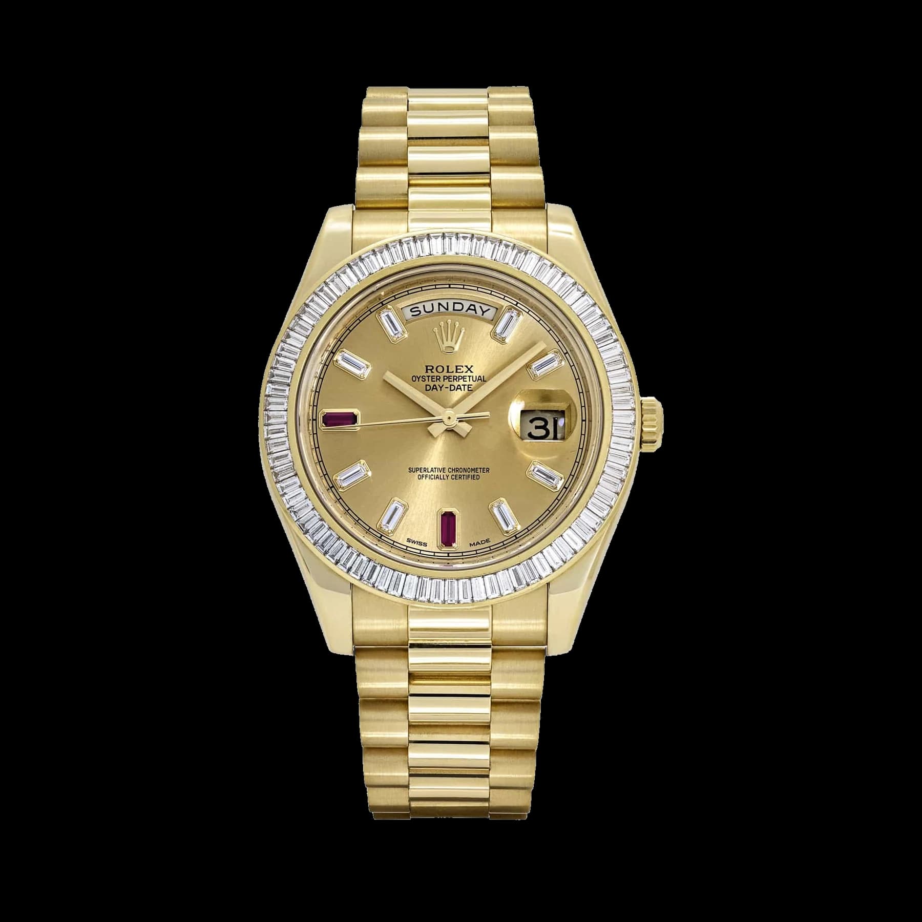 Rolex Day-Date II 218398 Yellow Gold Champagne Ruby Dial Diamond Bezel (2010)