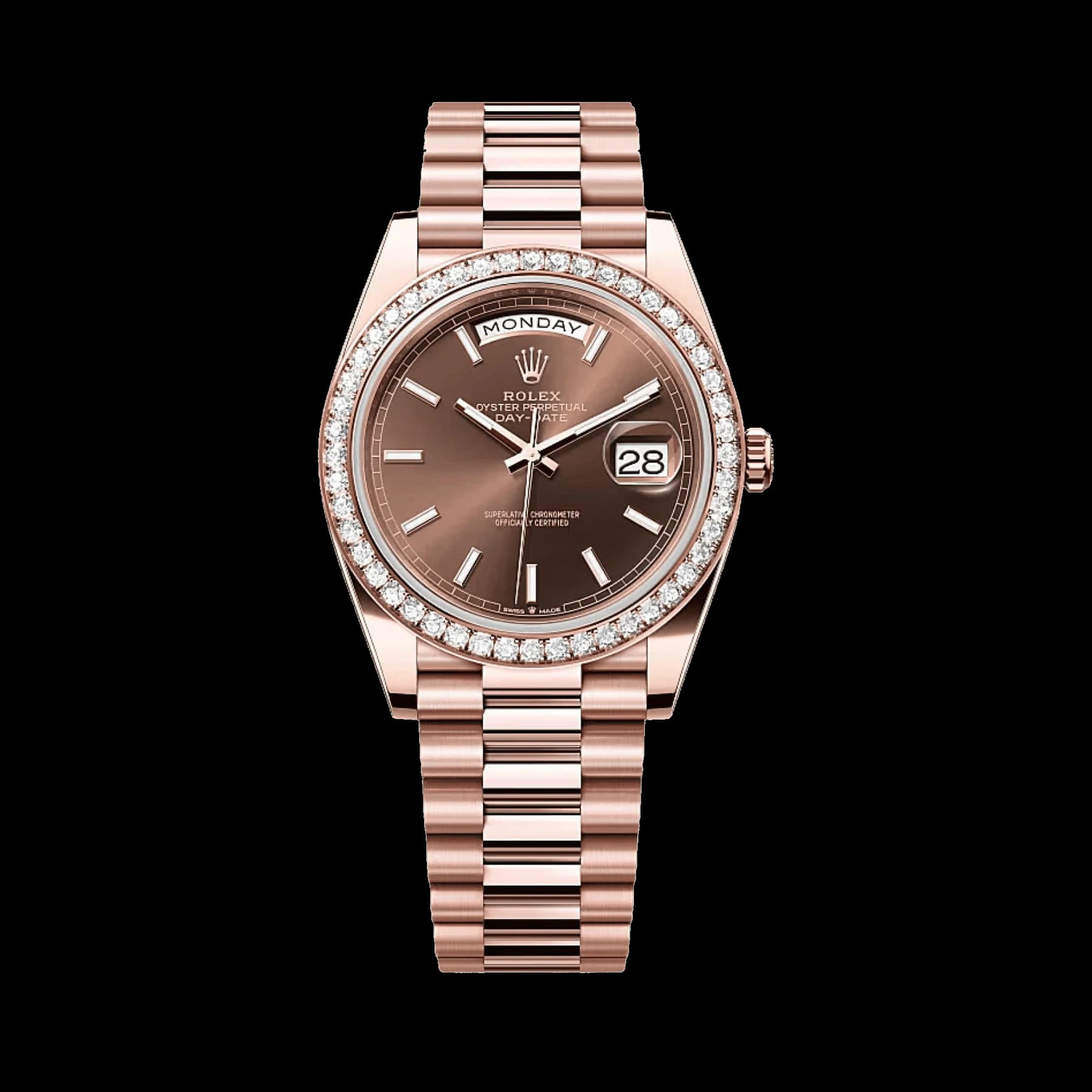Rolex Day-Date 40 228345RBR Rose Gold Chocolate Dial Diamond Bezel