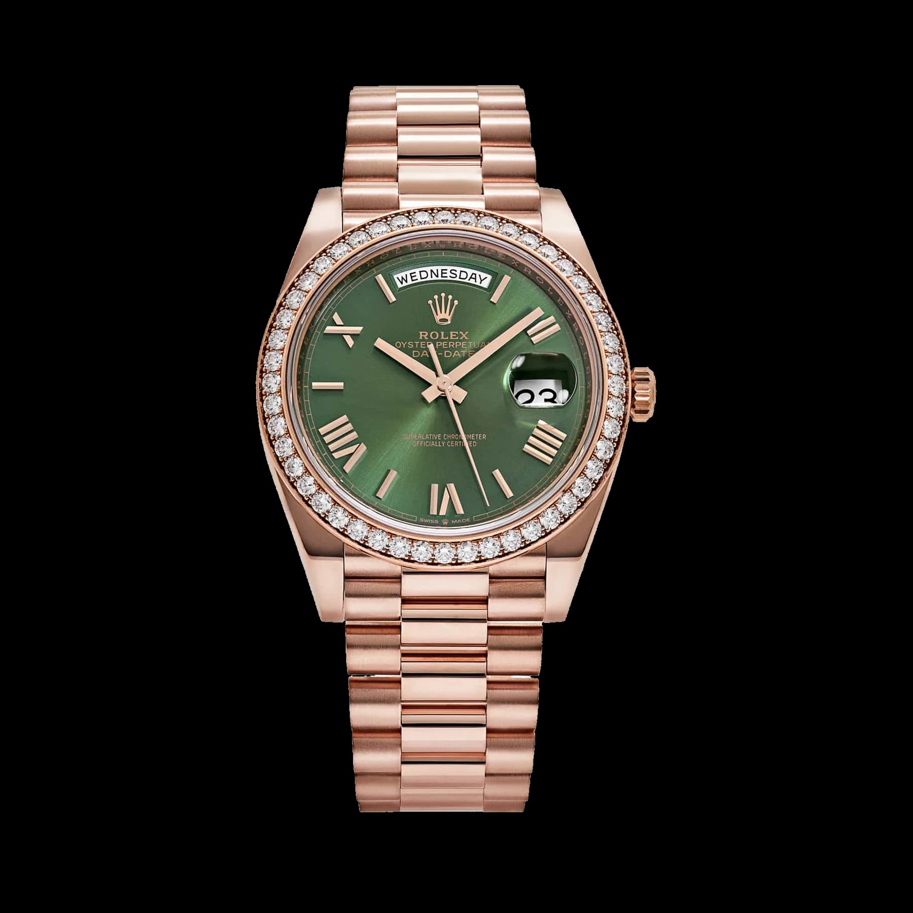 Rolex Day-Date 40 228345RBR Rose Gold Olive Green Roman Numerals Dial Diamond Bezel (2021)