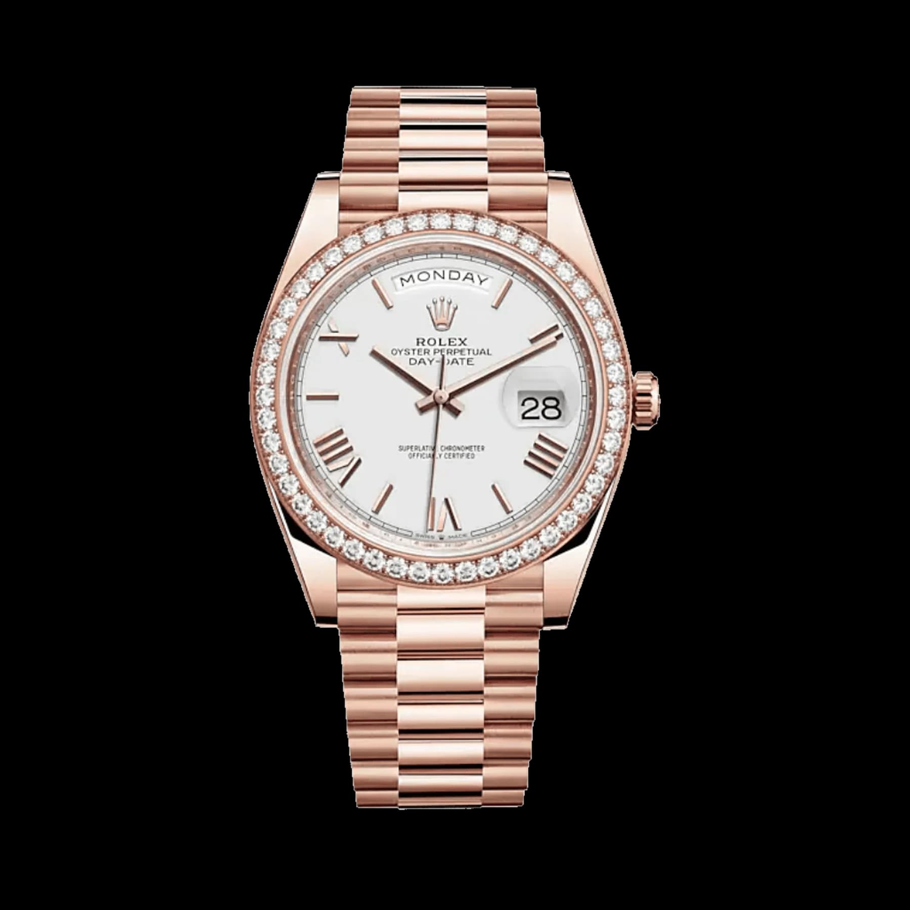 Rolex Day-Date 40 228345RBR Rose Gold Diamond Bezel White Dial
