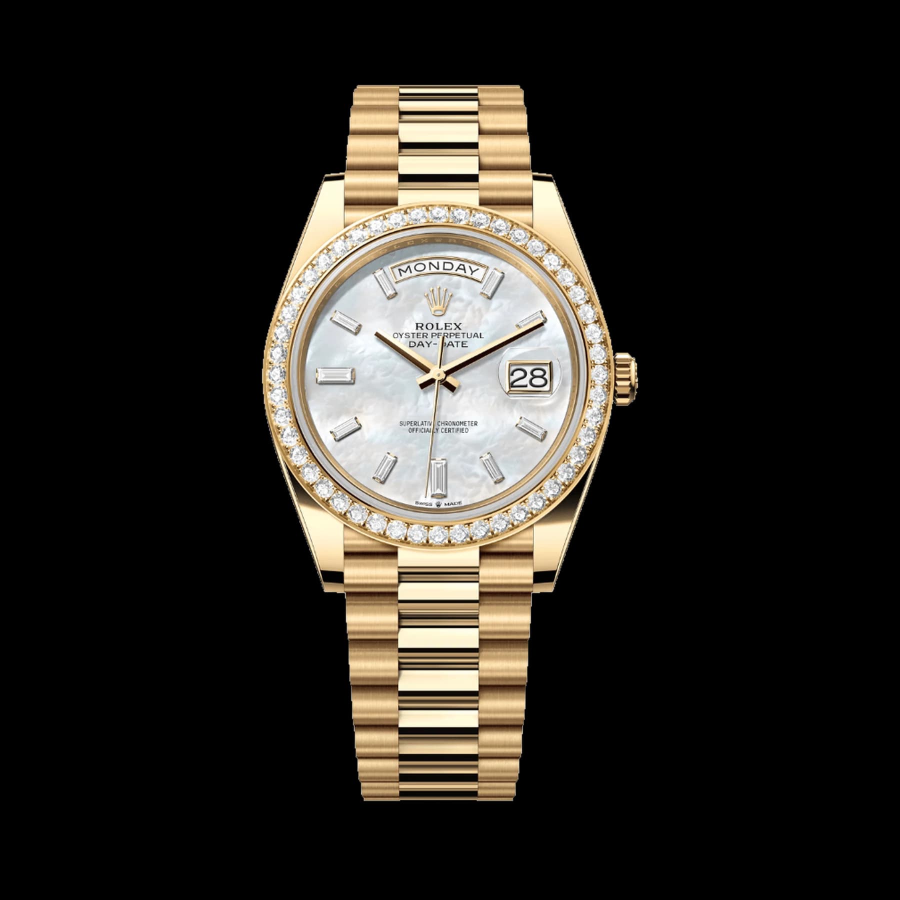 Rolex Day-Date 40 228348RBR Yellow Gold Diamond Bezel Baguette Mother of Pearl Dial