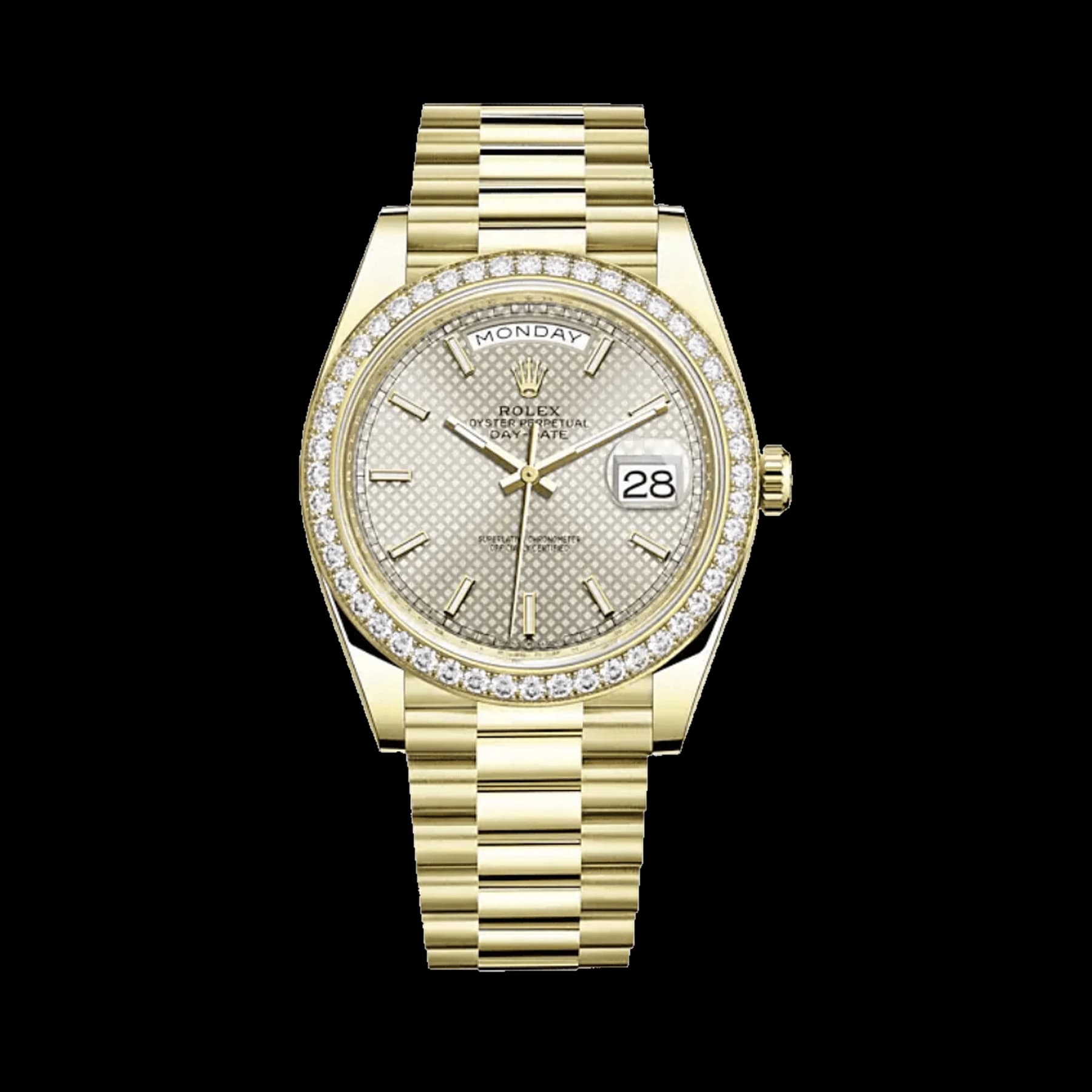 Rolex Day-Date 40 228348RBR Yellow Gold Diamond Bezel Silver Dial