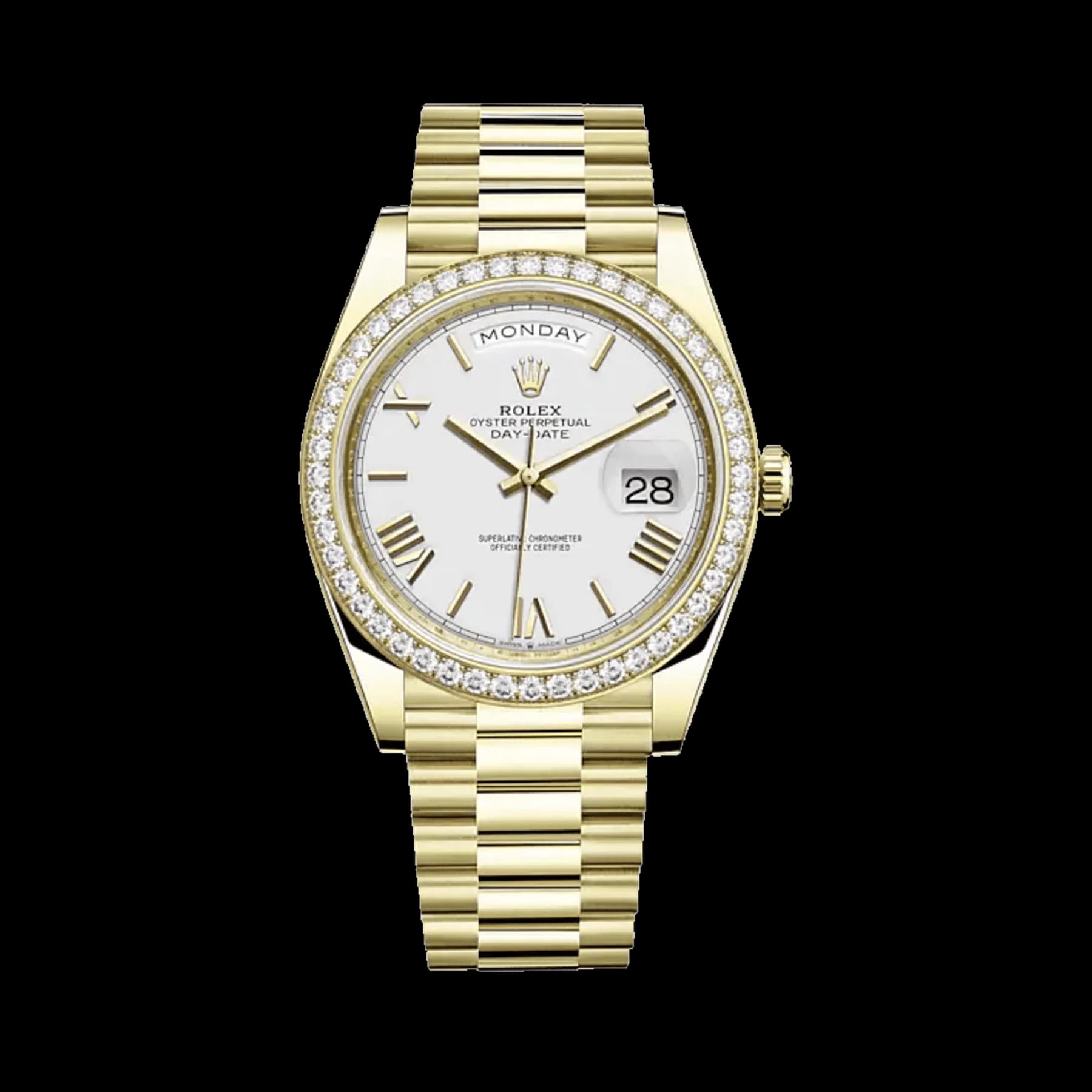 Rolex Day-Date 40 228348RBR Yellow Gold Diamond Bezel White Dial