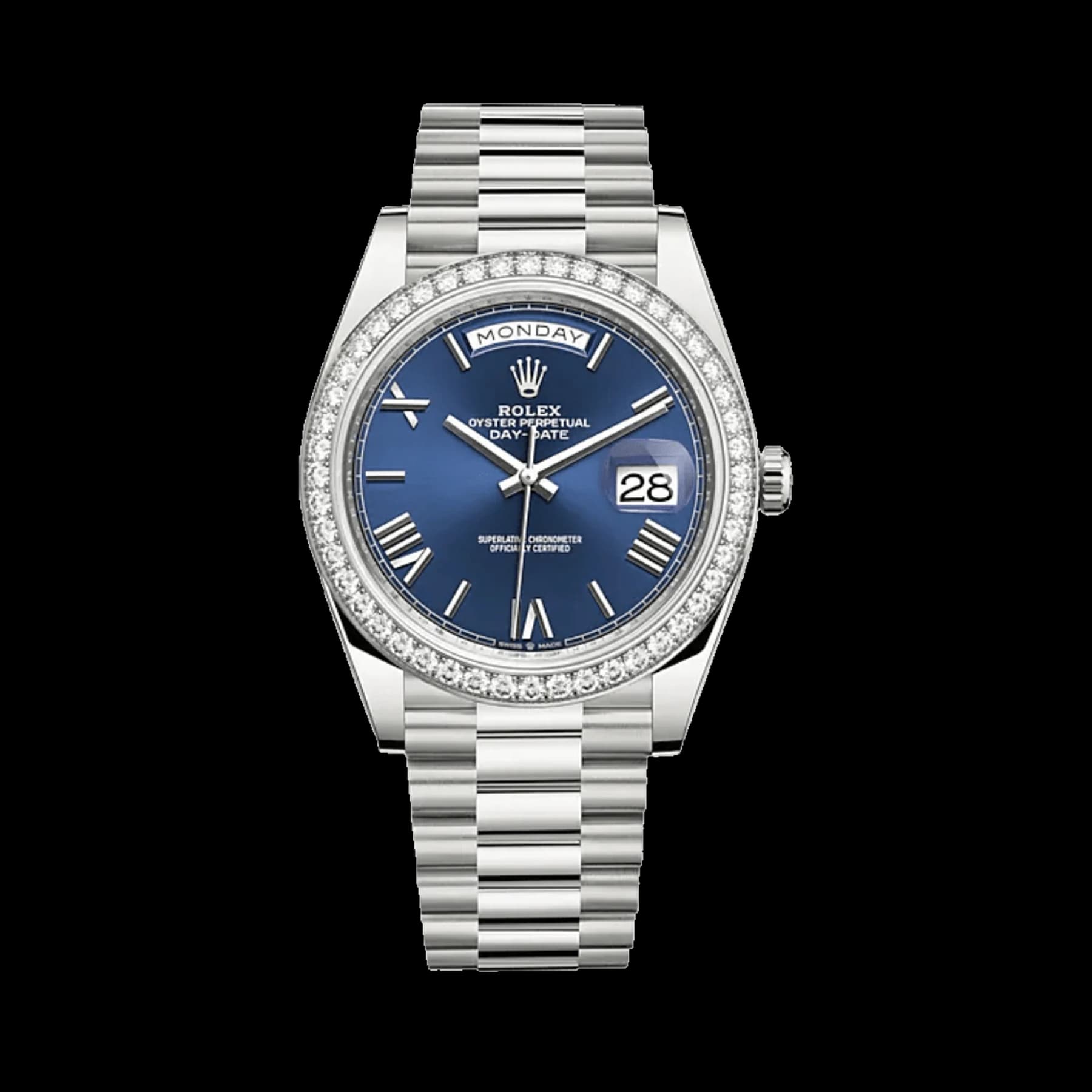 Rolex Day-Date 40 228349RBR White Gold Diamond Bezel Blue Dial