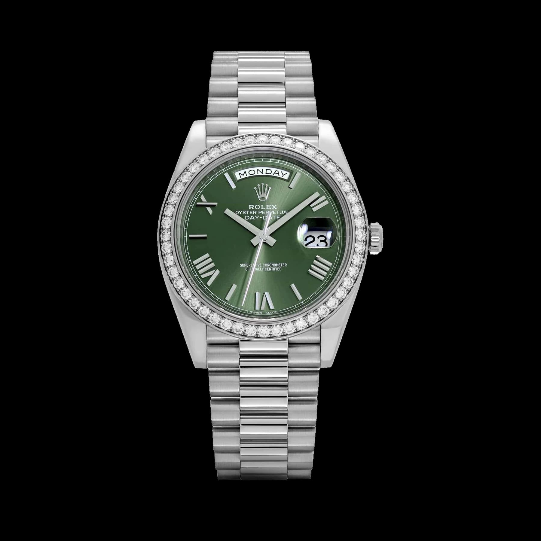 Rolex Day-Date 40 228349RBR White Gold Olive Green Dial Diamond Bezel (2021)
