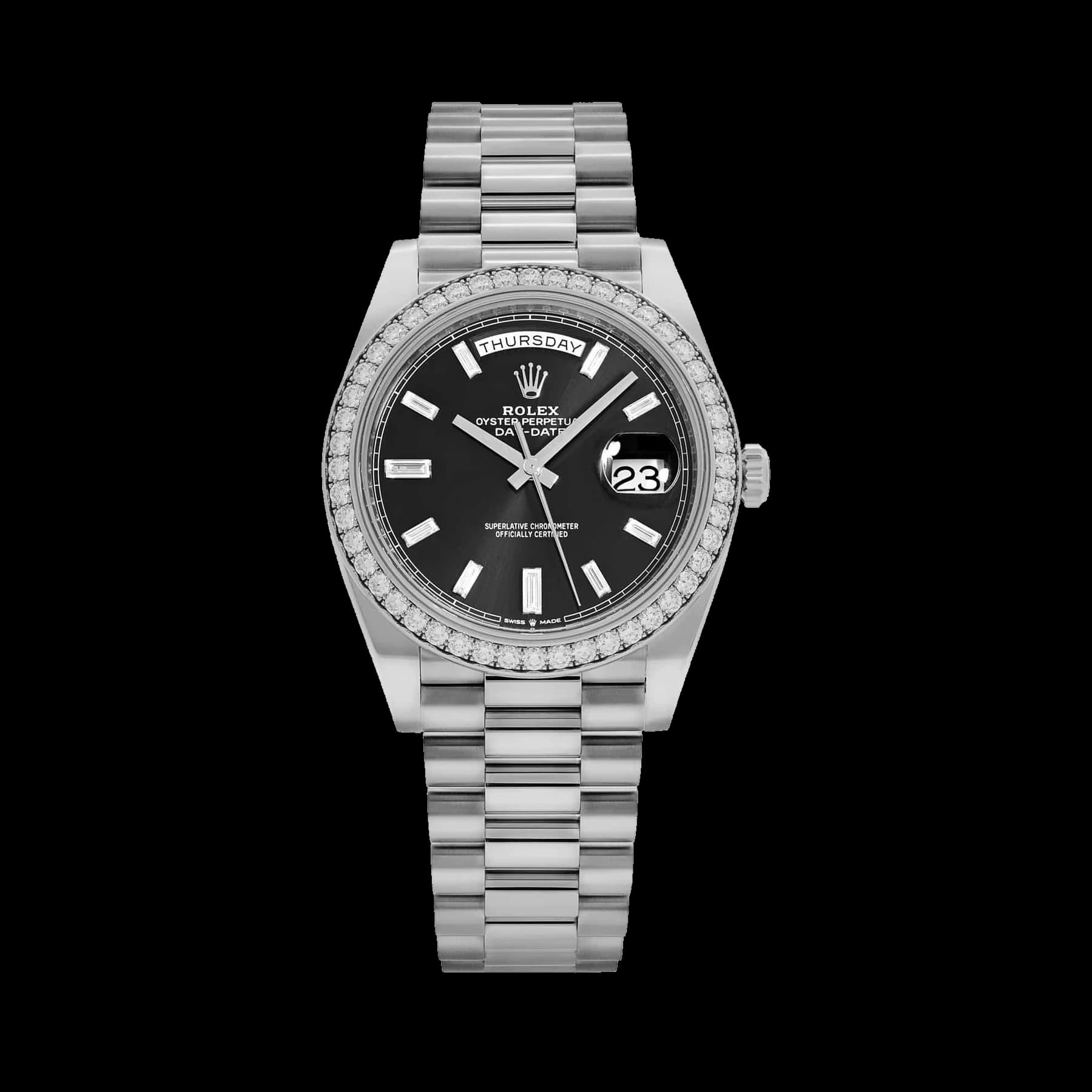 Rolex Day-Date 40 228349RBR White Gold Black Diamond Baguette Dial Diamond Bezel (2022)