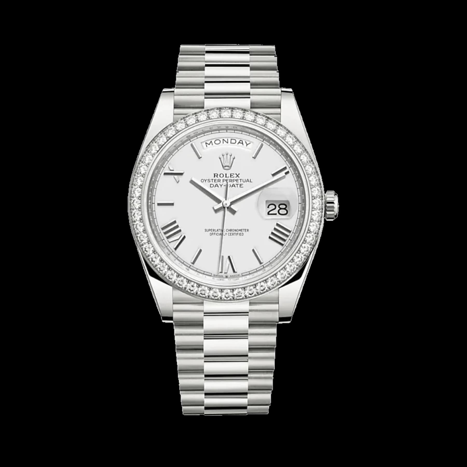 Rolex Day-Date 40 228349RBR White Gold Diamond Bezel White Dial