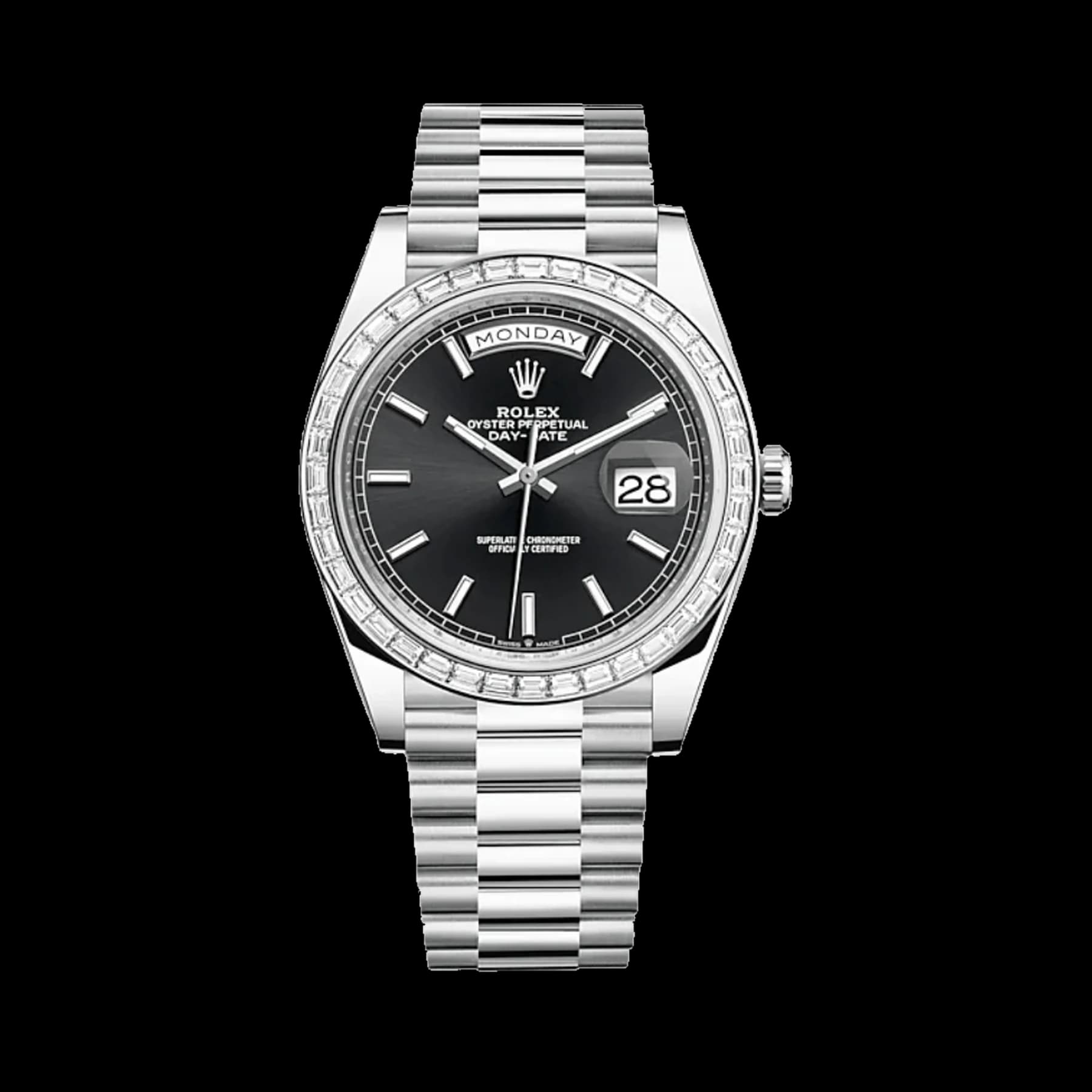 Rolex Day-Date 40 228396TBR Platinum Diamond Bezel Black Dial