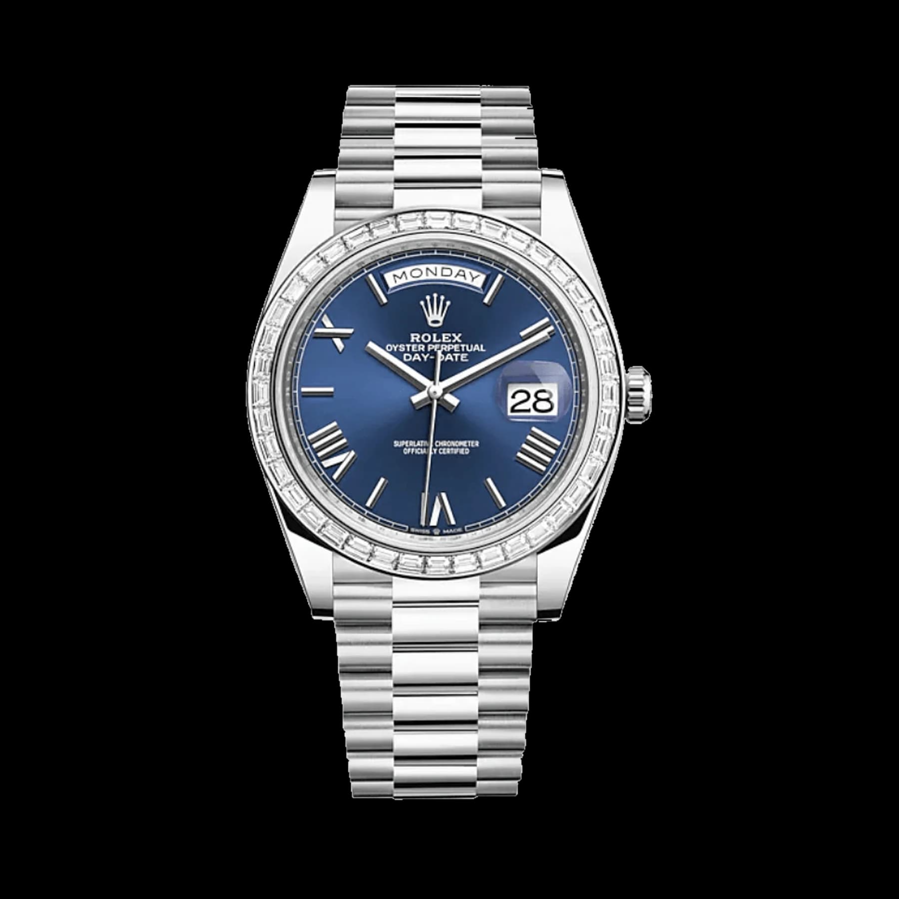 Rolex Day-Date 40 228396TBR Platinum Diamond Bezel Blue Dial