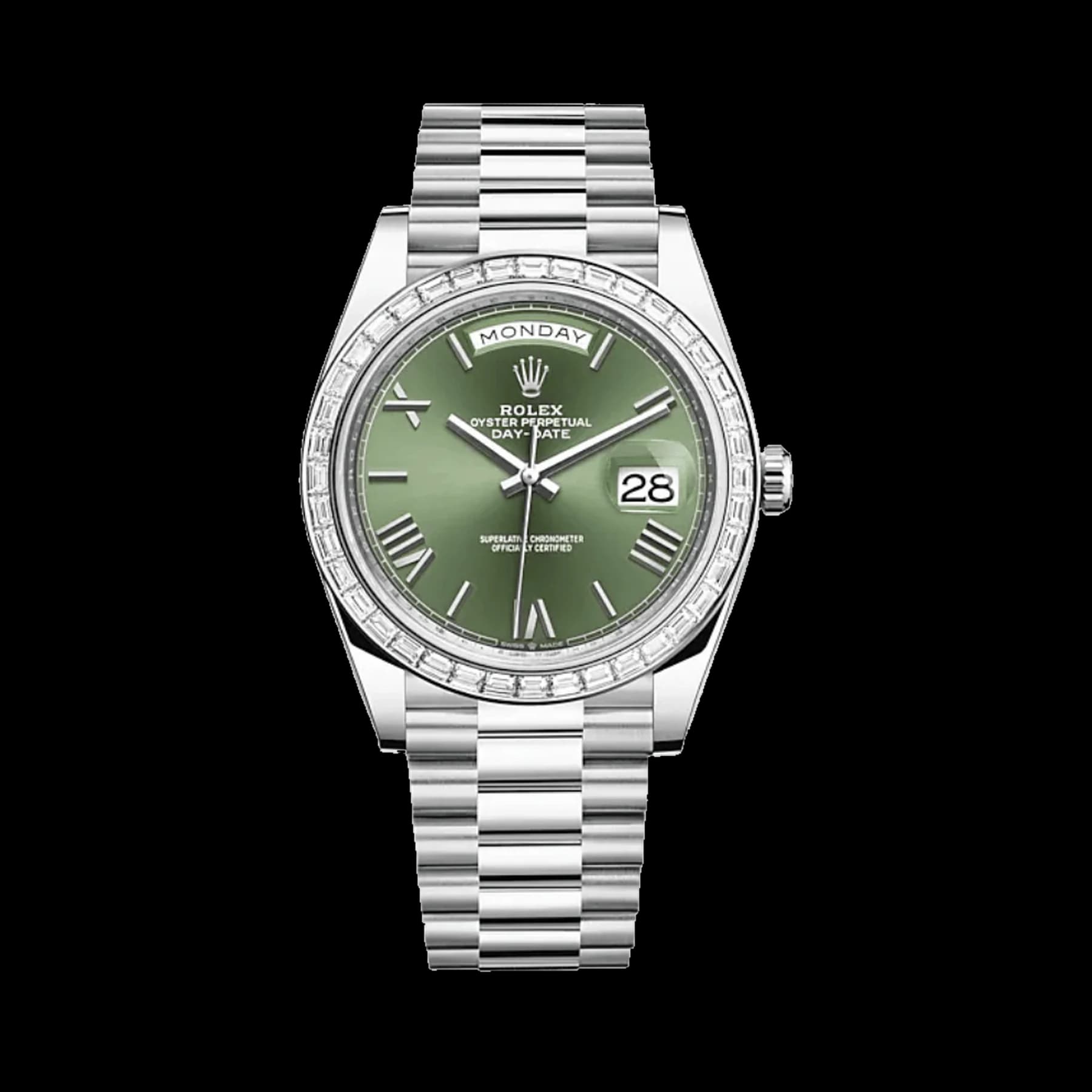 Rolex Day-Date 40 228396TBR Platinum Olive Green Dial Diamond Bezel