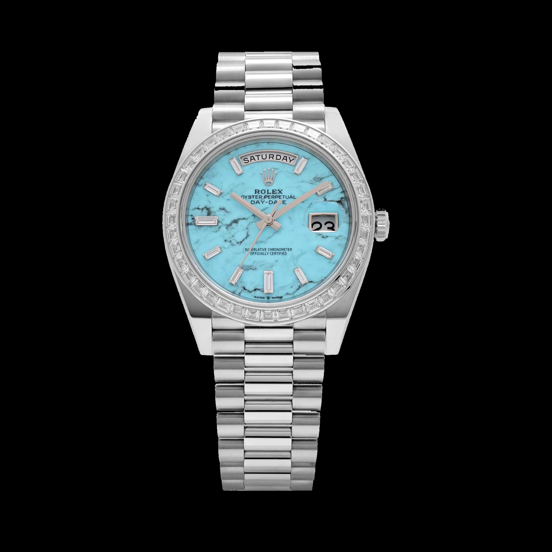 Rolex Day-Date 40 228396TBR Platinum Turquoise Stone Diamond Baguette Dial and Bezel
