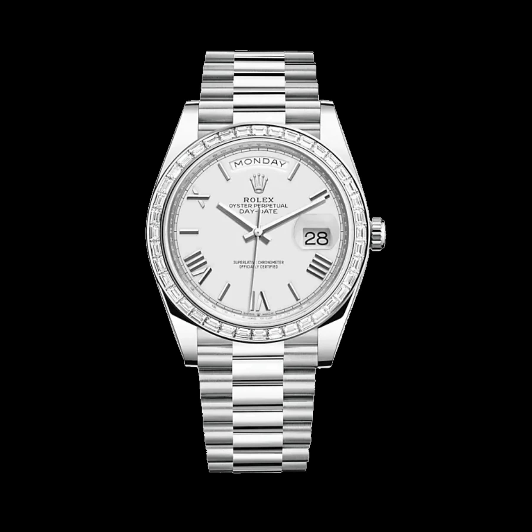 Rolex Day-Date 40 228396TBR Platinum Diamond Bezel White Dial