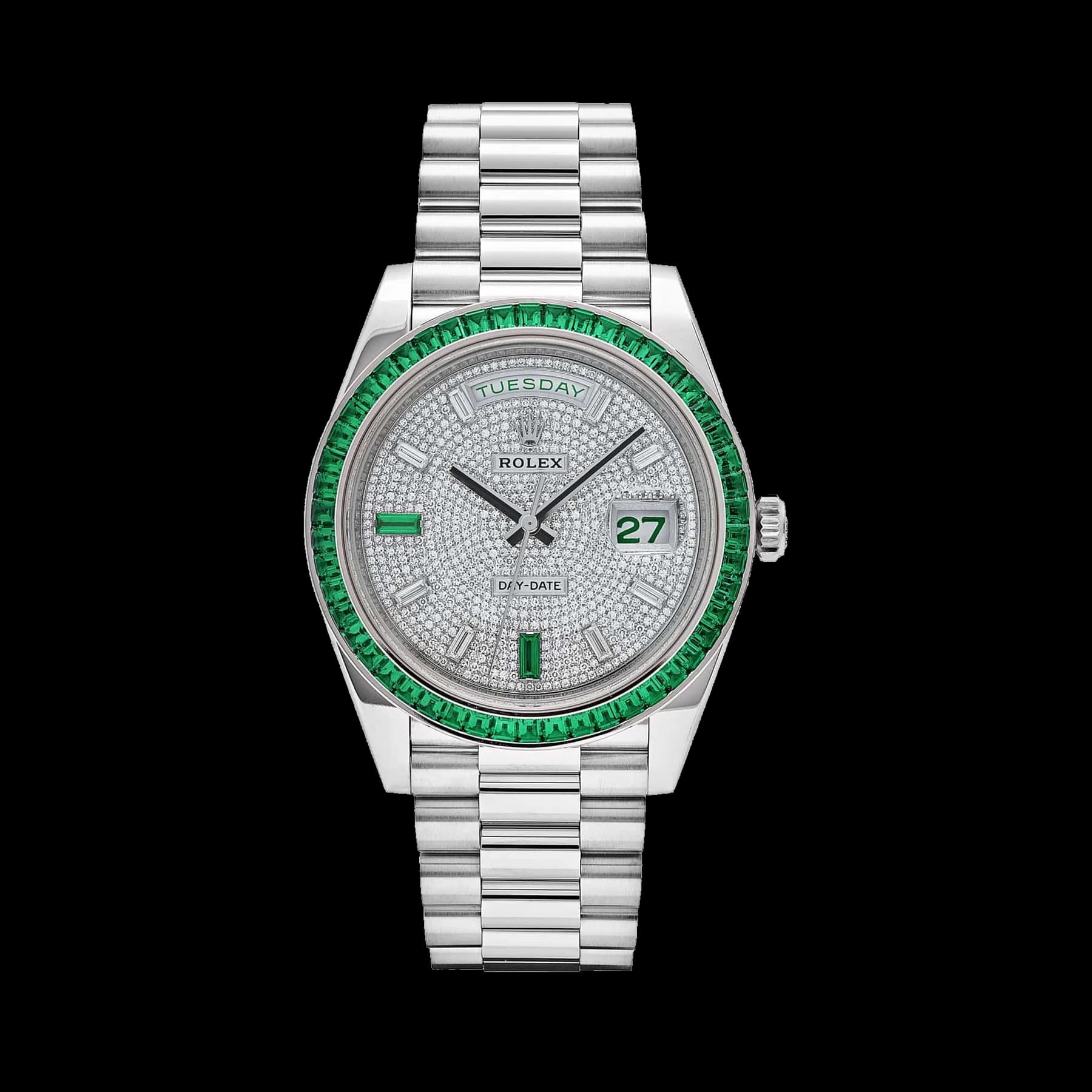 Rolex Day-Date 40 228396TEM Platinum Diamond Dial Emerald Bezel