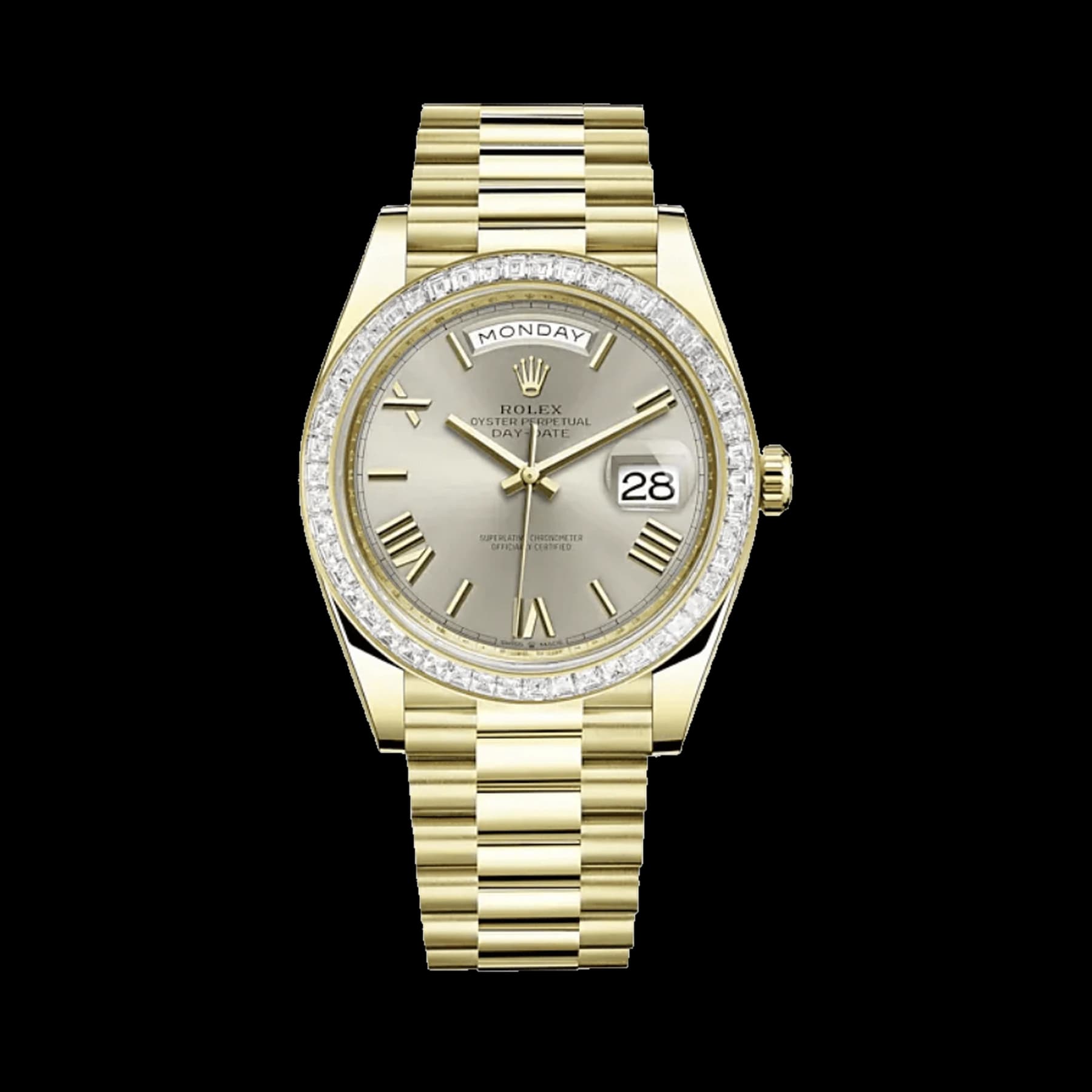 Rolex Day-Date 40 228398TBR Yellow Gold Diamond Bezel Silver Dial