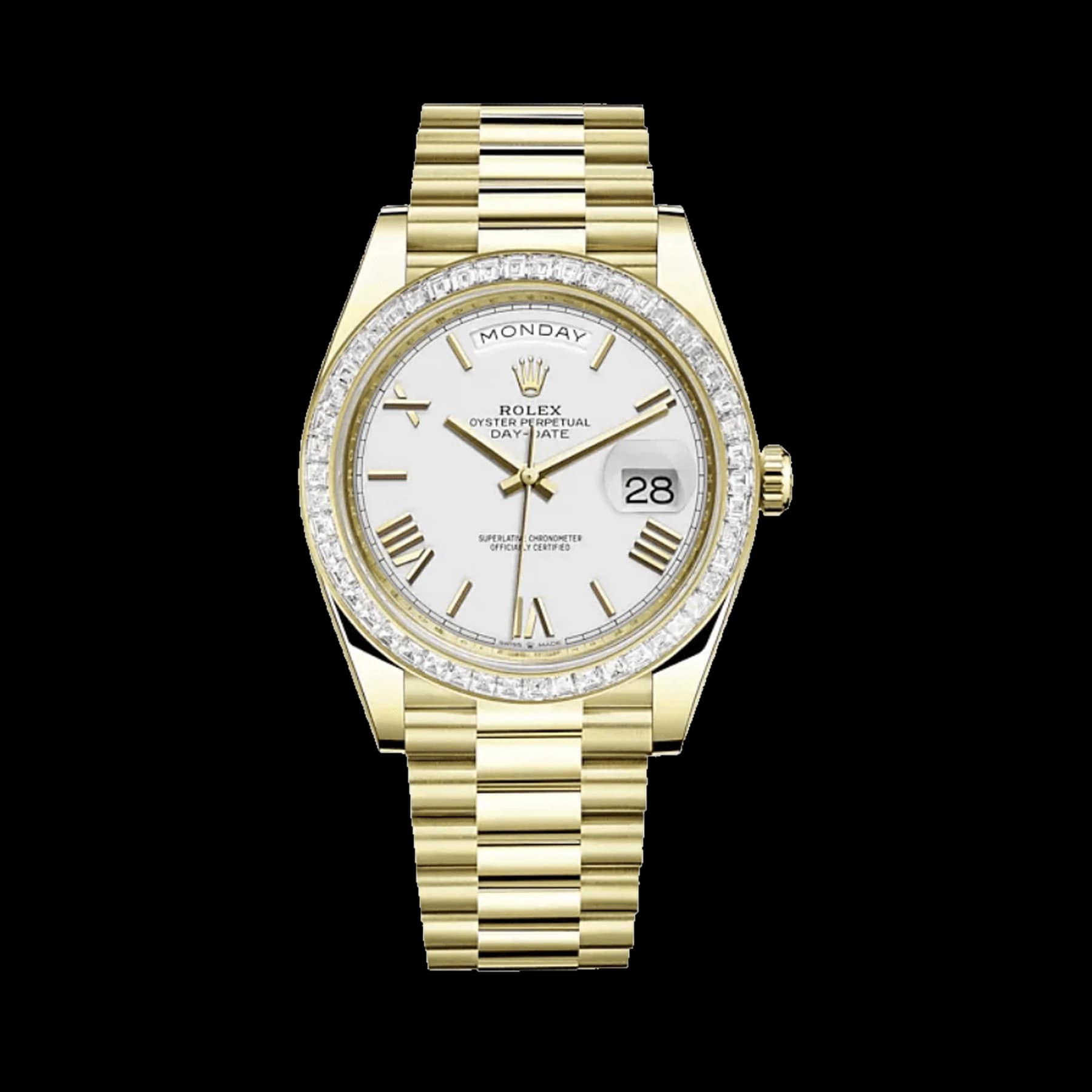Rolex Day-Date 40 228398TBR Yellow Gold Diamond Bezel White Dial